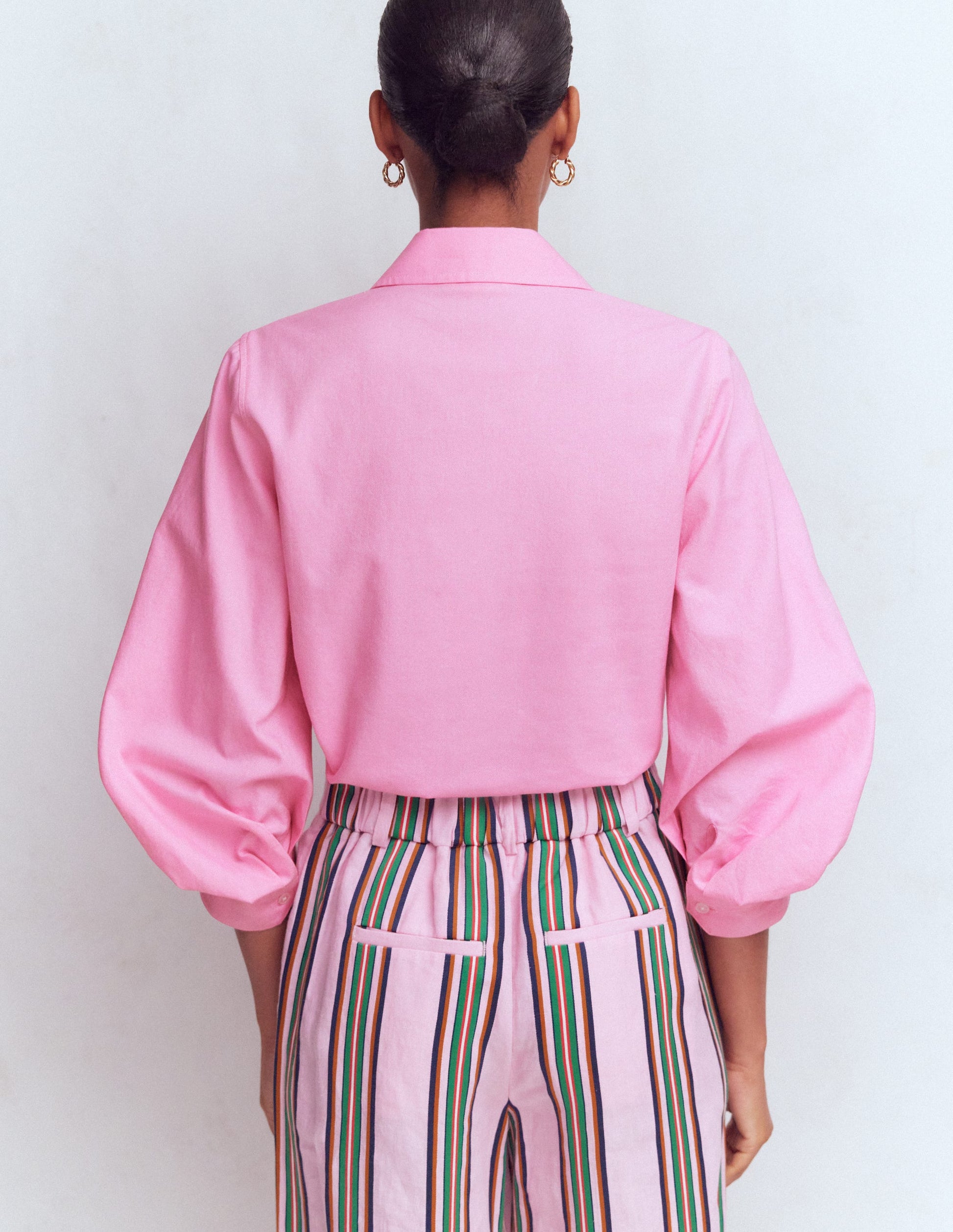 Puff Sleeve Oxford Shirt-Pink-3