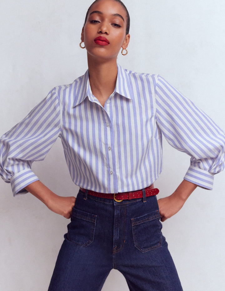 Puff Sleeve Oxford Shirt-Navy, Ivory Stripe