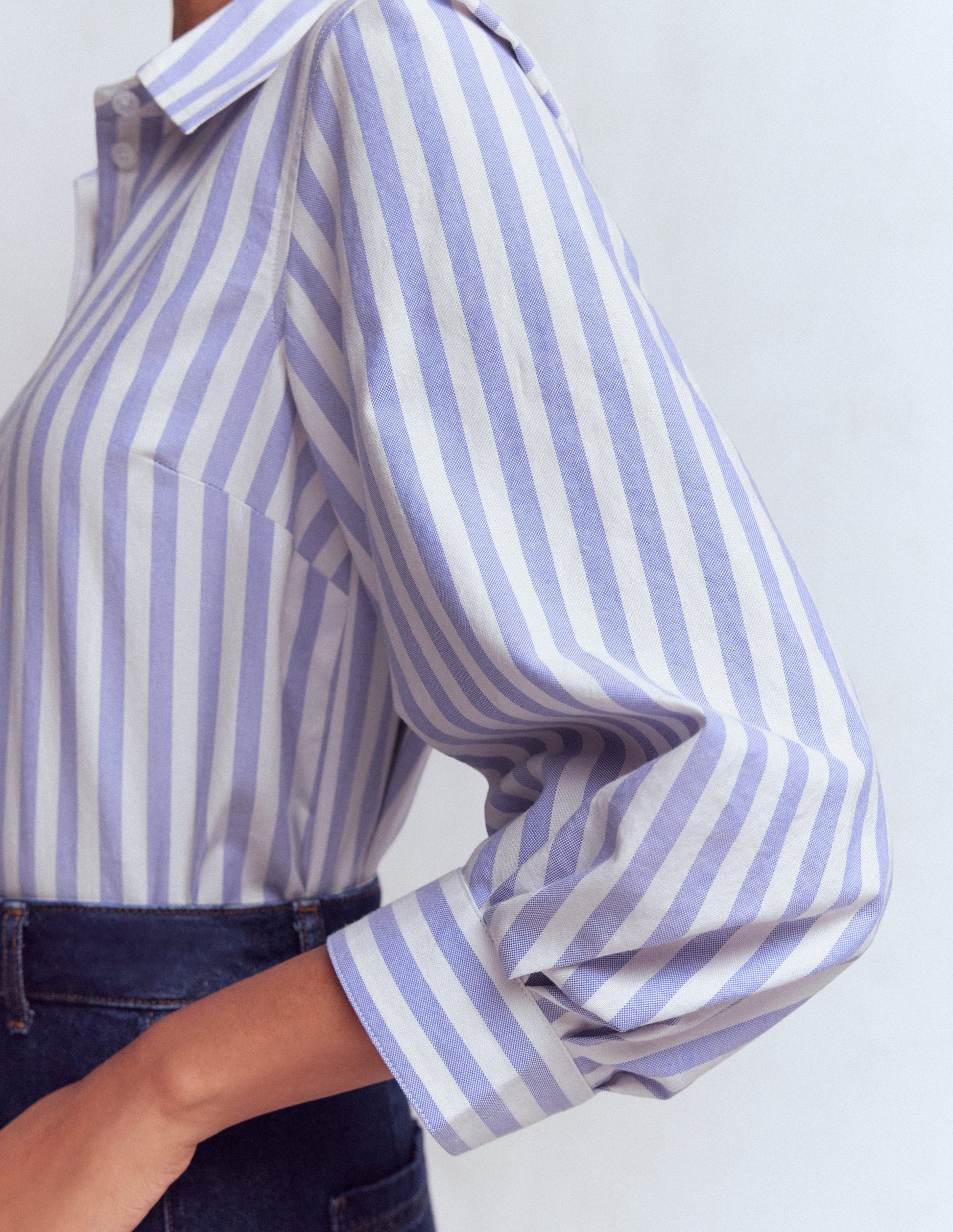 Puff Sleeve Oxford Shirt-Navy, Ivory Stripe-2