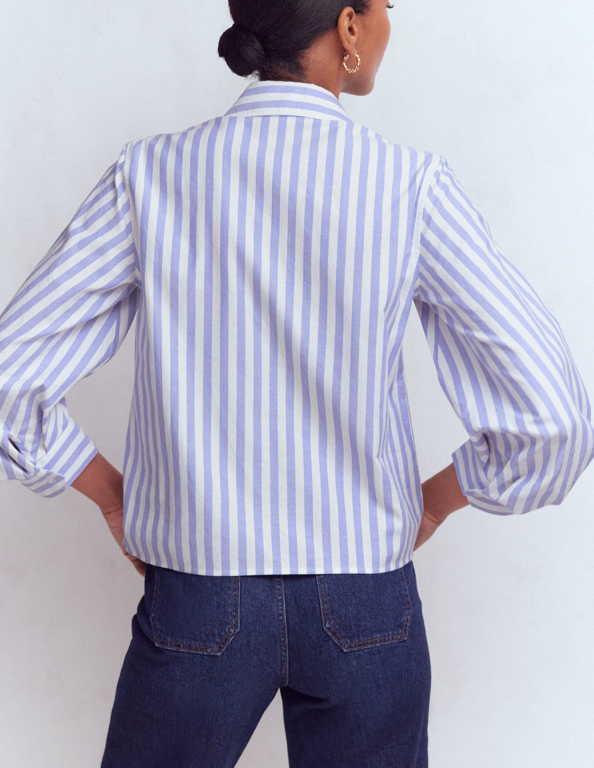 Puff Sleeve Oxford Shirt-Navy, Ivory Stripe-3