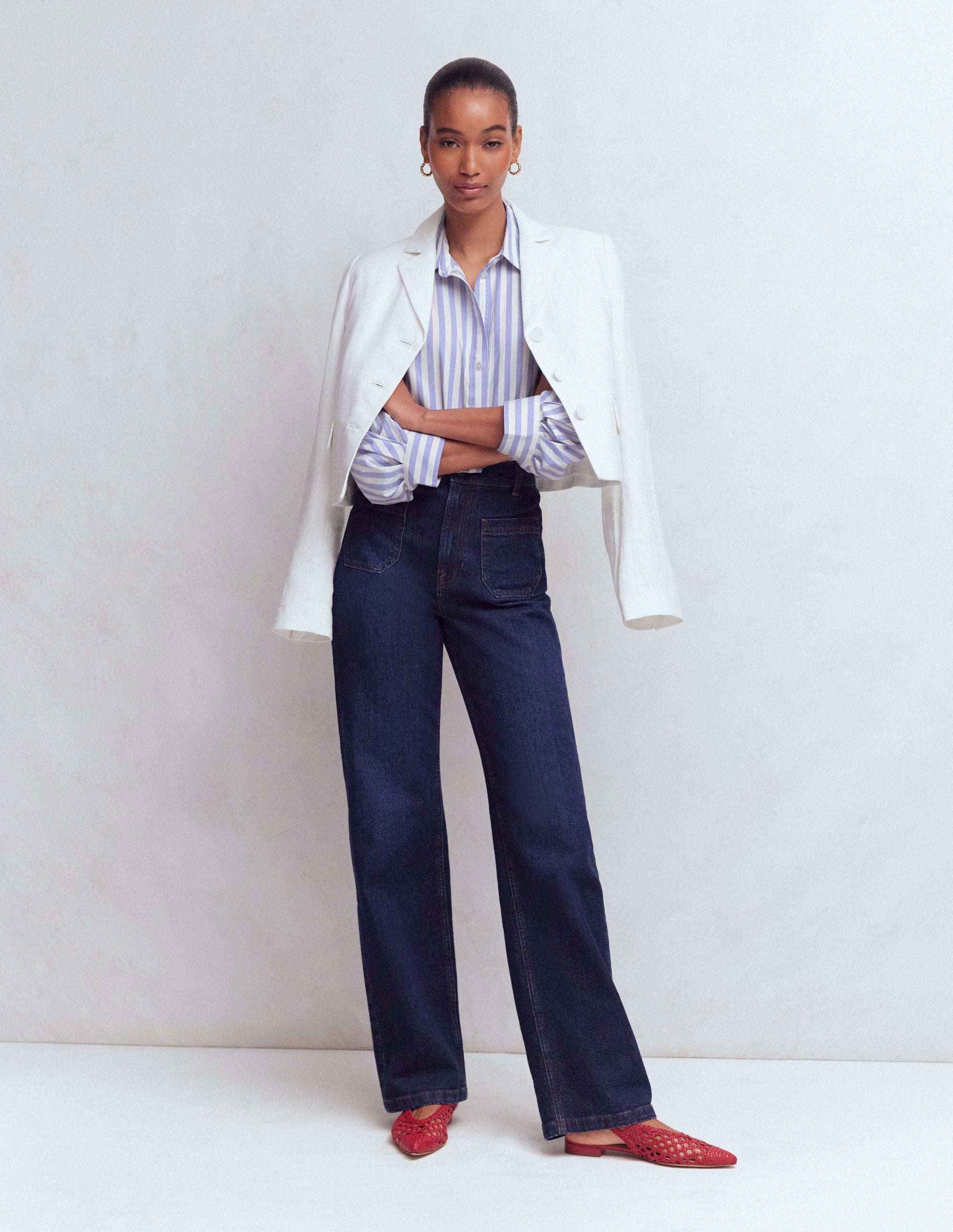 Puff Sleeve Oxford Shirt-Navy, Ivory Stripe - Image 4
