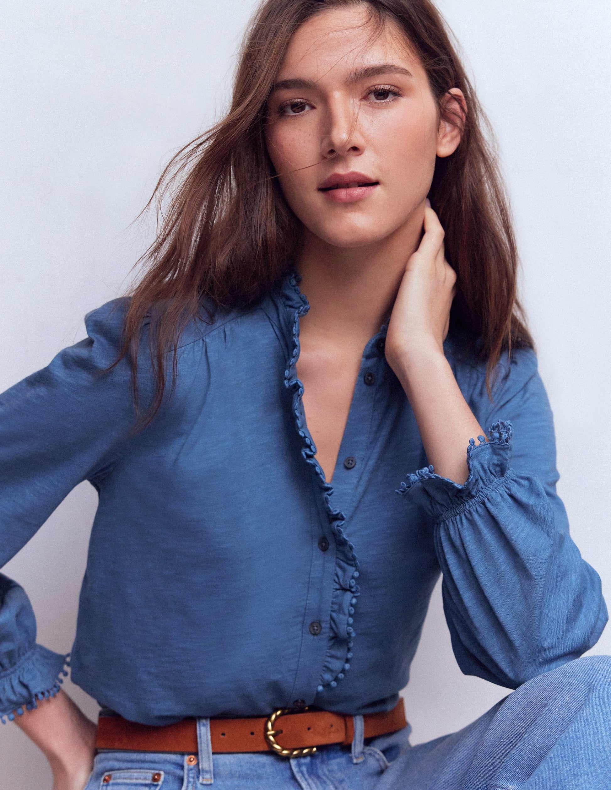 Emily Pom Detail Ruffle Shirt-Denim Blue-1