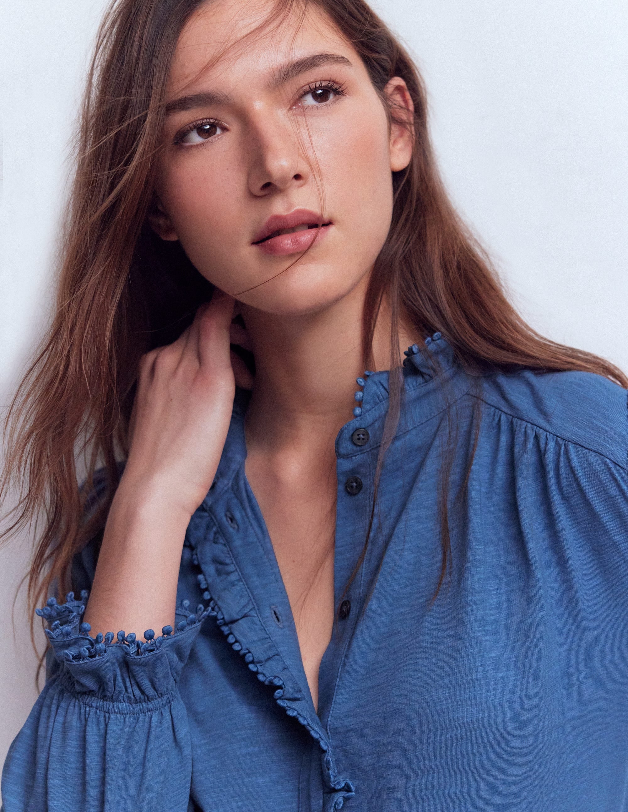 Emily Pom Trim Ruffle Shirt-Denim Blue - Image 2