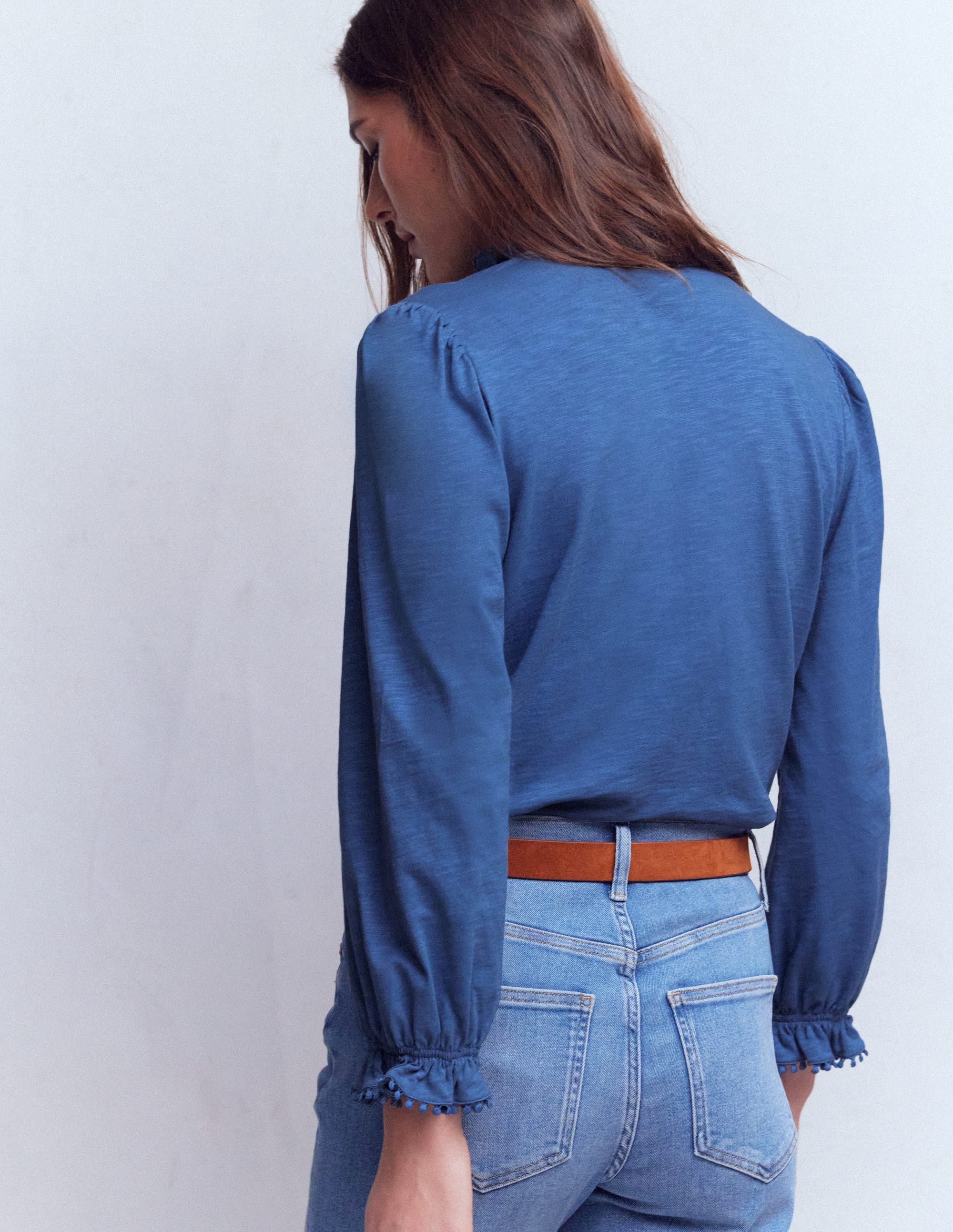 Emily Pom Trim Ruffle Shirt-Denim Blue - Image 3