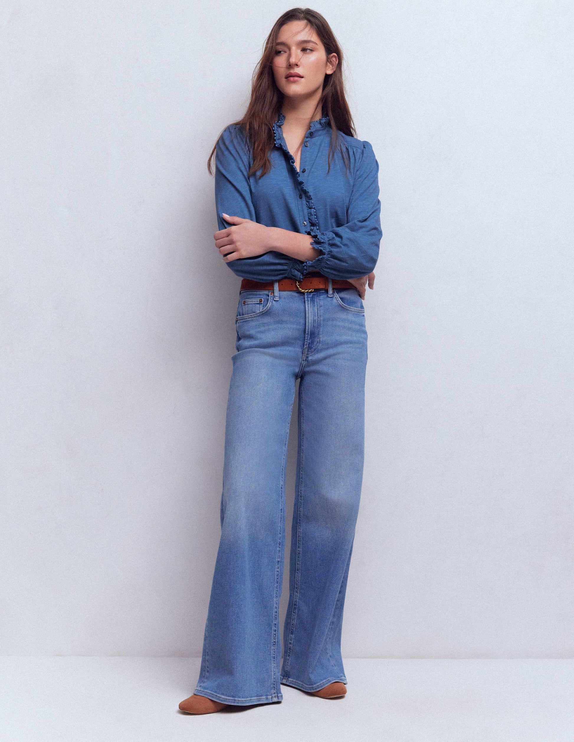 Emily Pom Detail Ruffle Shirt-Denim Blue-4