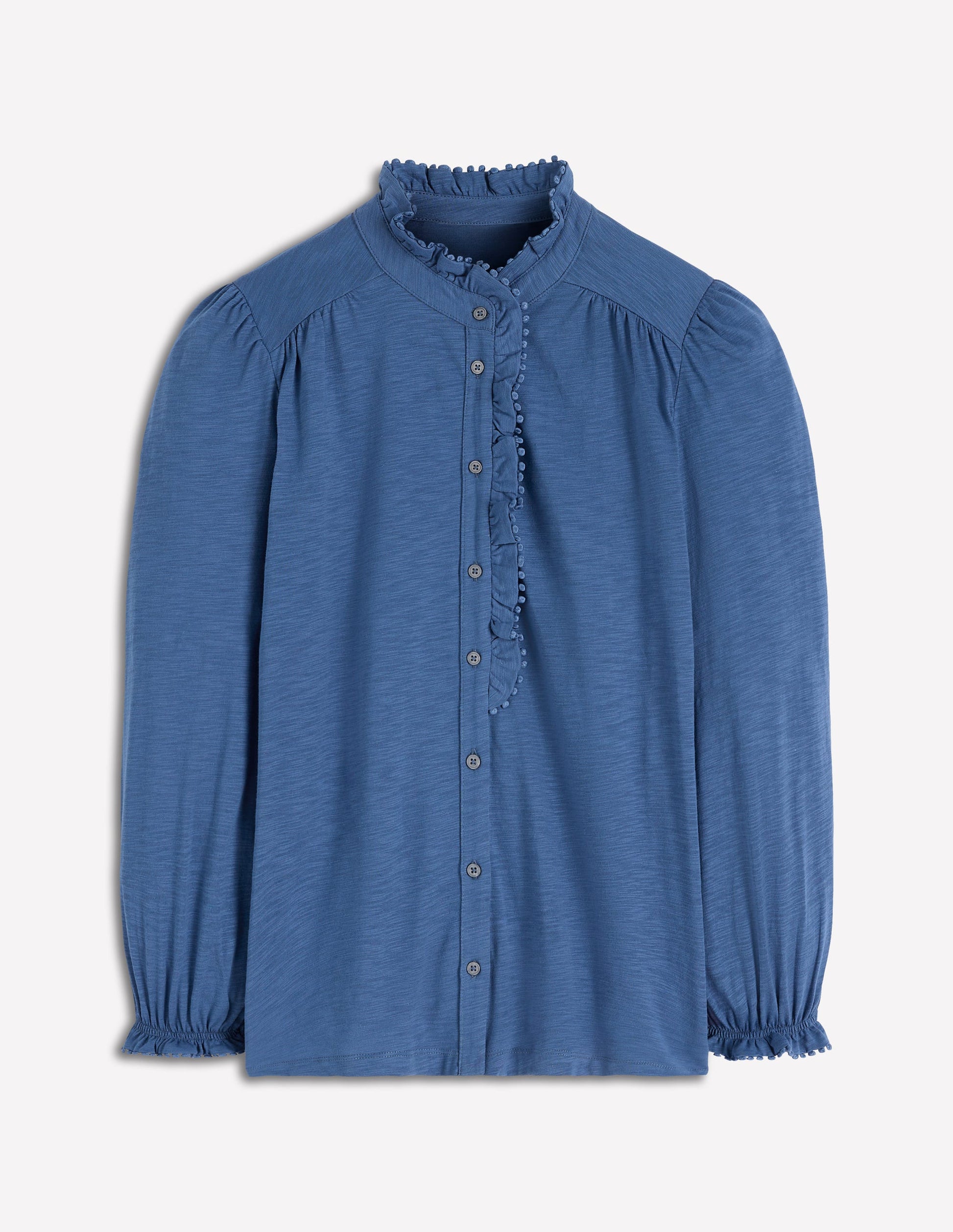 Emily Pom Detail Ruffle Shirt-Denim Blue-5