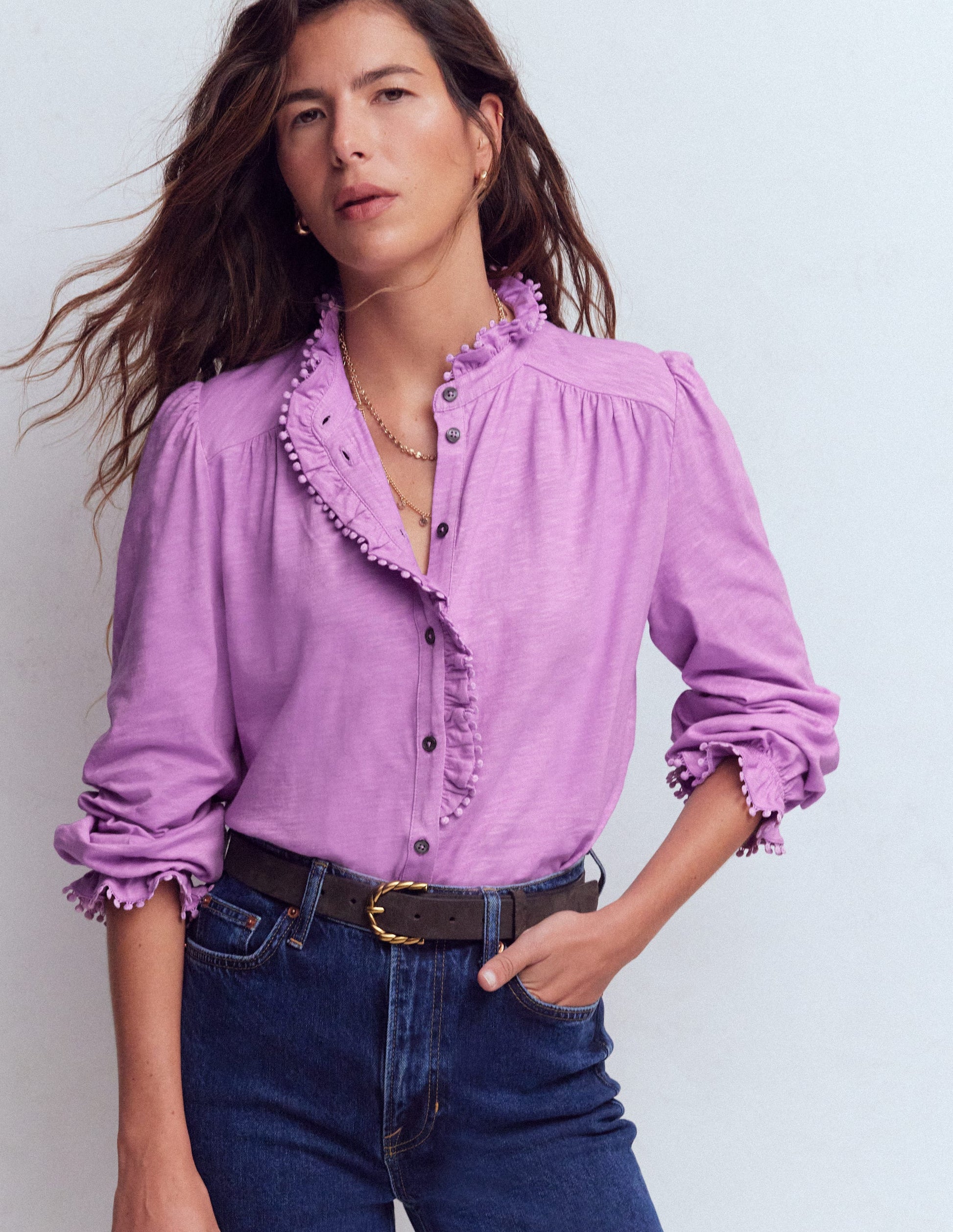 Boden Women's Emily Pom Trim Ruffle Shirt in Purple Boden Women's Emily Pom Trim Ruffle Shirt in Purple