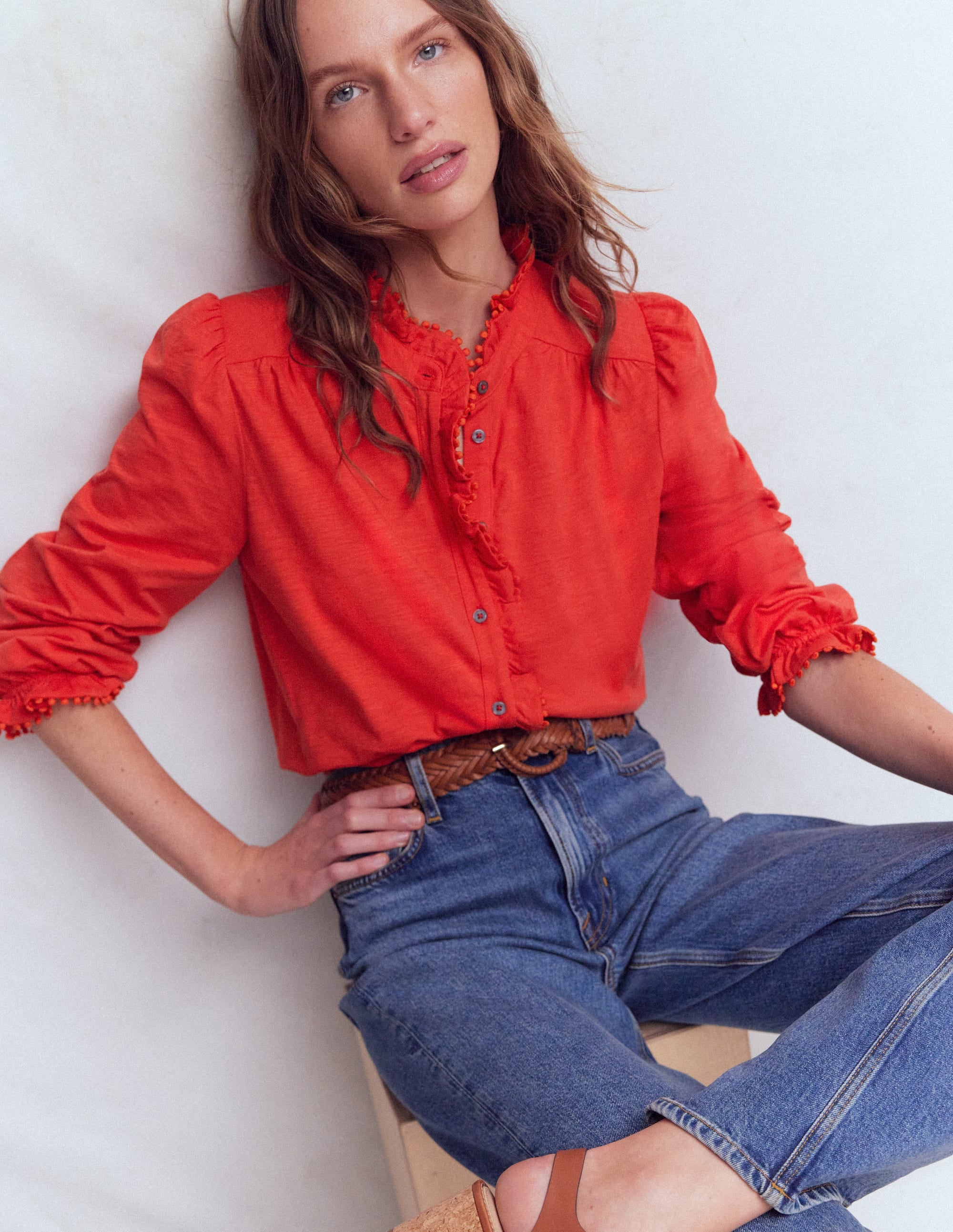 Emily Pom Trim Ruffle Shirt-Blood Orange | Boden USA
