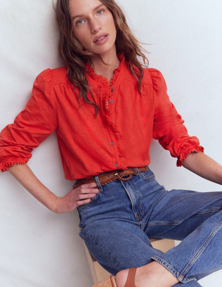 Emily Pom Detail Ruffle Shirt-Blood Orange