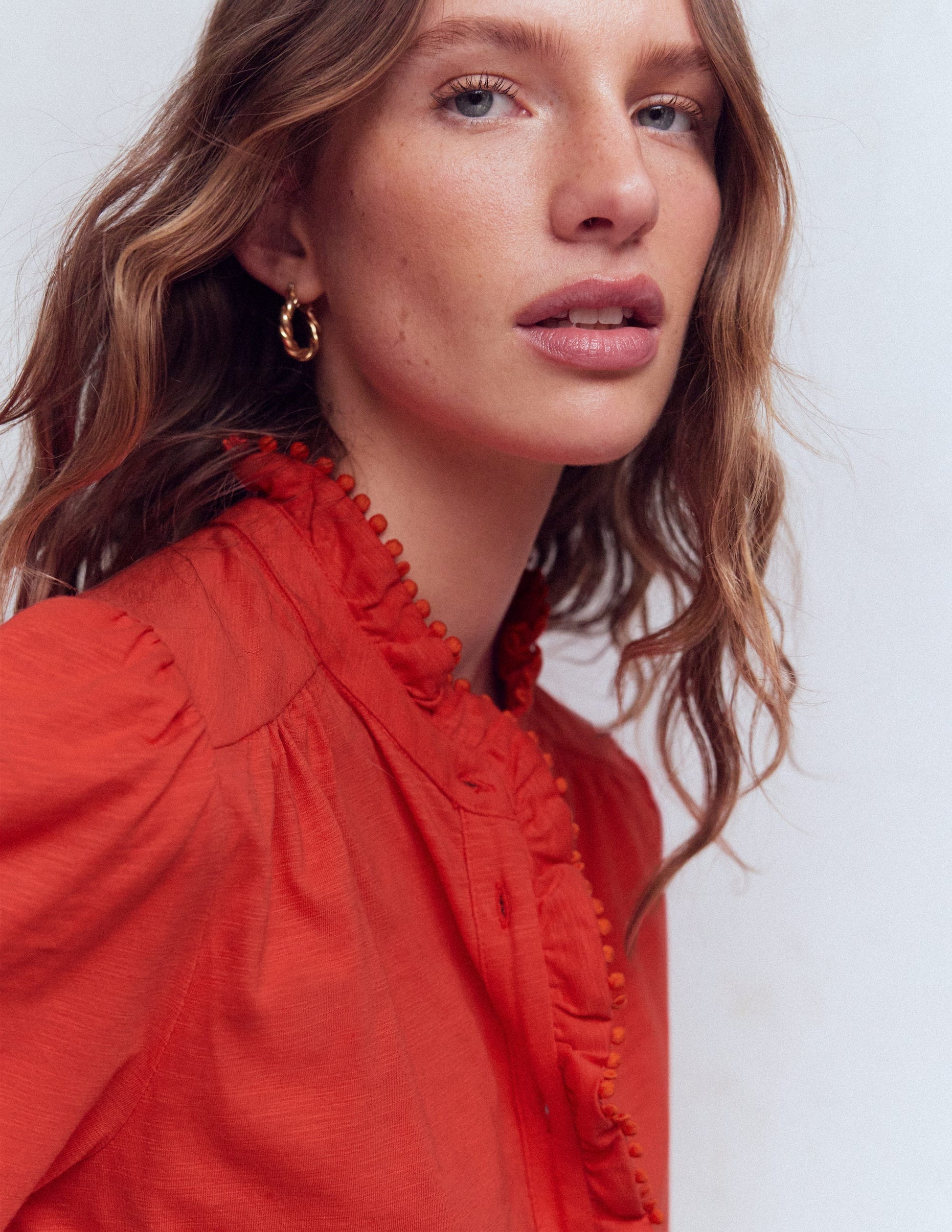 Emily Pom Detail Ruffle Shirt-Blood Orange-2
