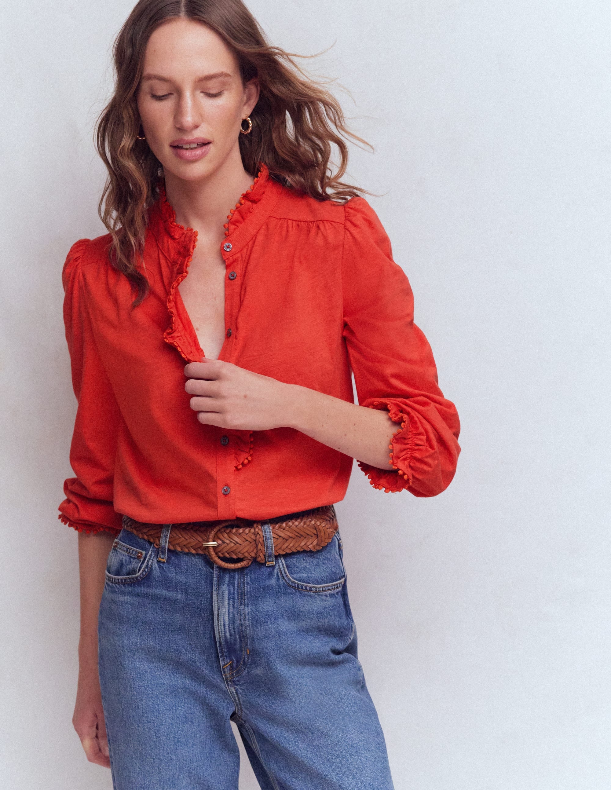 Emily Pom Trim Ruffle Shirt-Blood Orange - Image 4