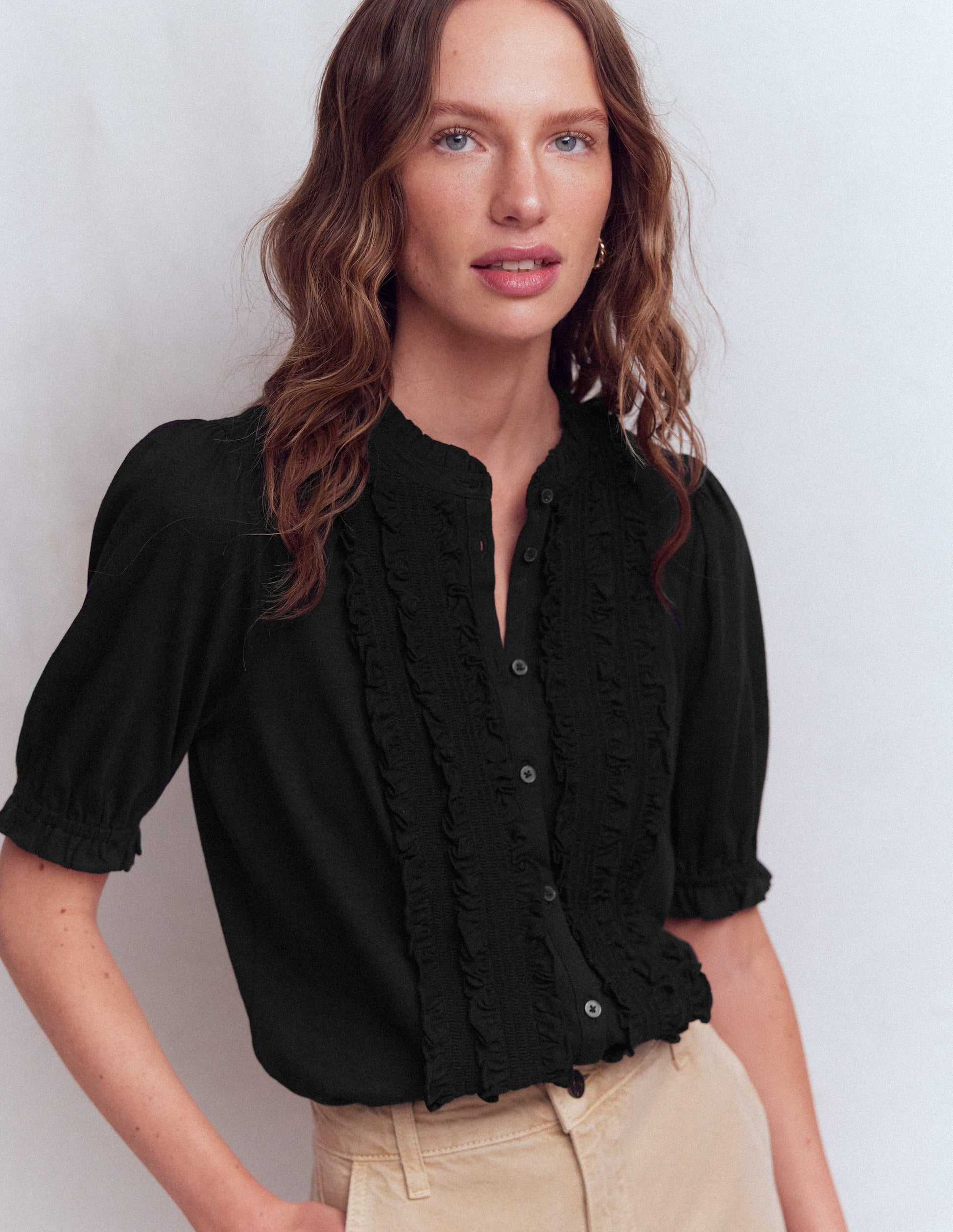 Eda Ruffle Front Shirt-Black-1