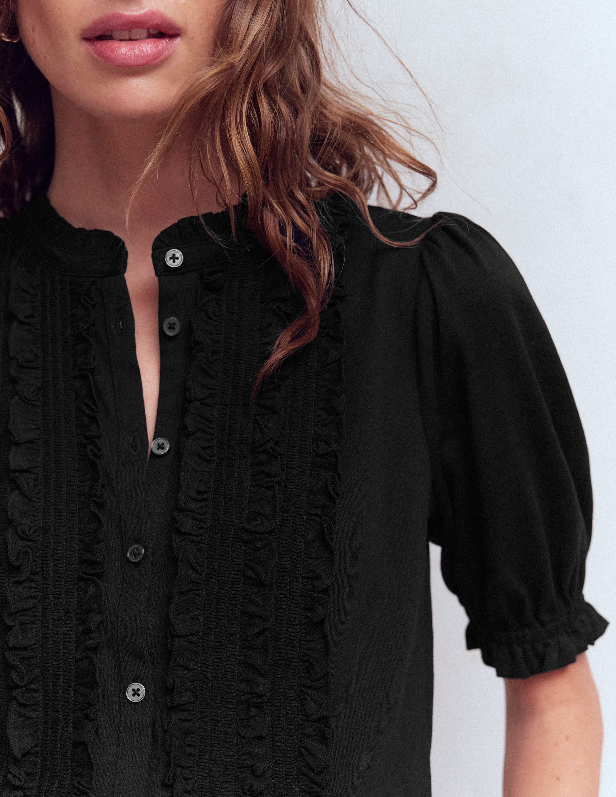 Eda Ruffle Front Shirt-Black | Boden USA