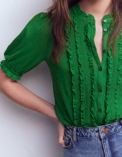 Eda Ruffle Front Shirt-Verdant Green-2
