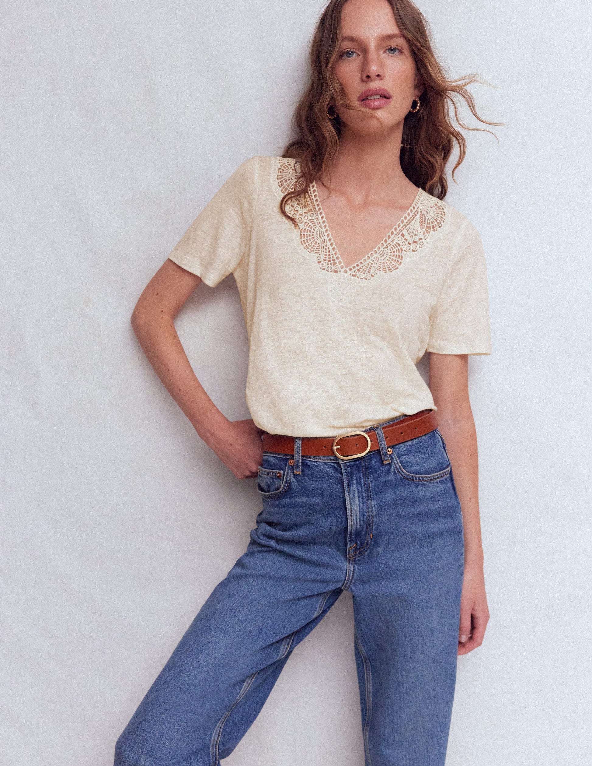 Tara Lace Trim Linen T-shirt-Coconut Milk-1