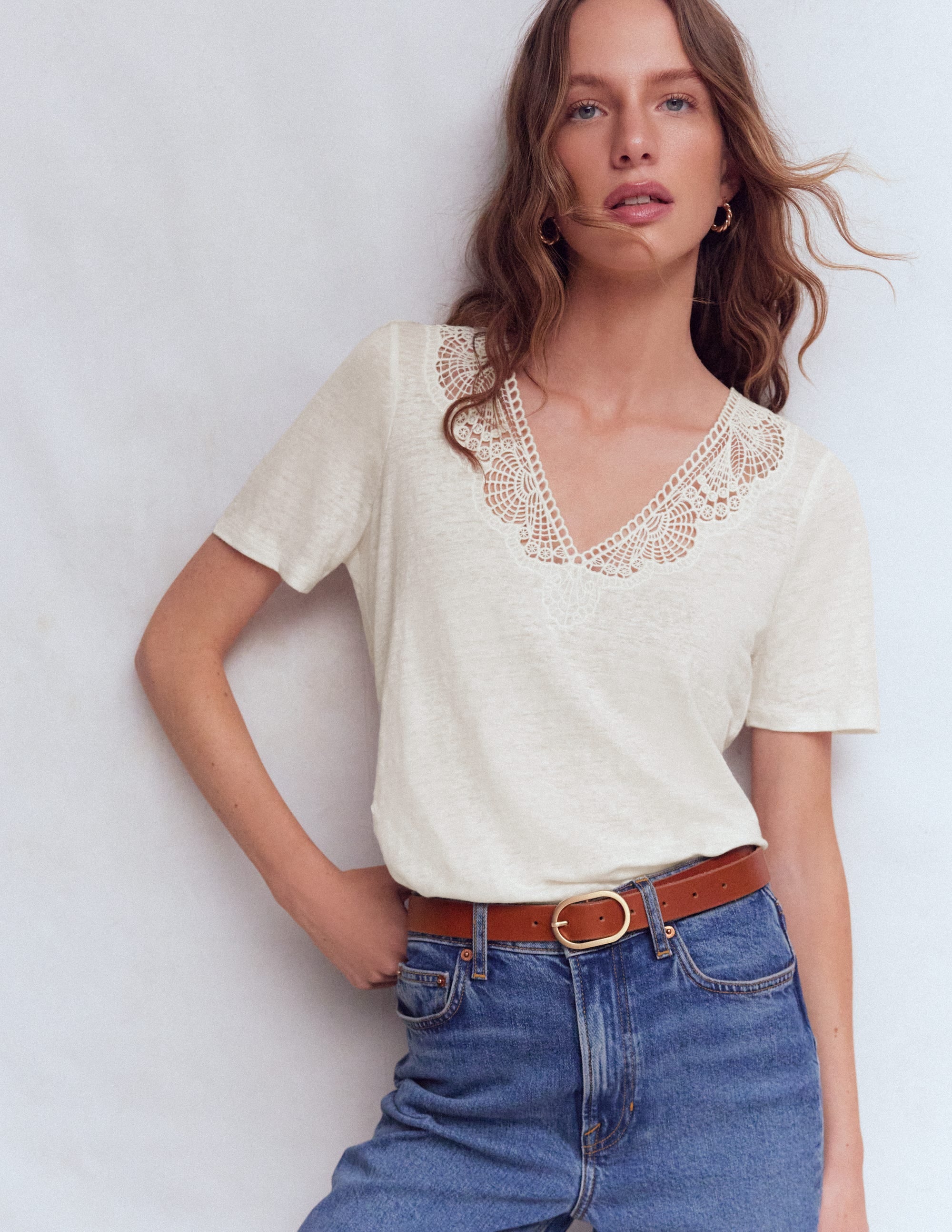 Tara Lace Trim Linen T-shirt-Coconut Milk - Image 1