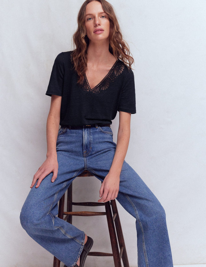 Tara Lace Trim Linen T-shirt-Navy Blazer