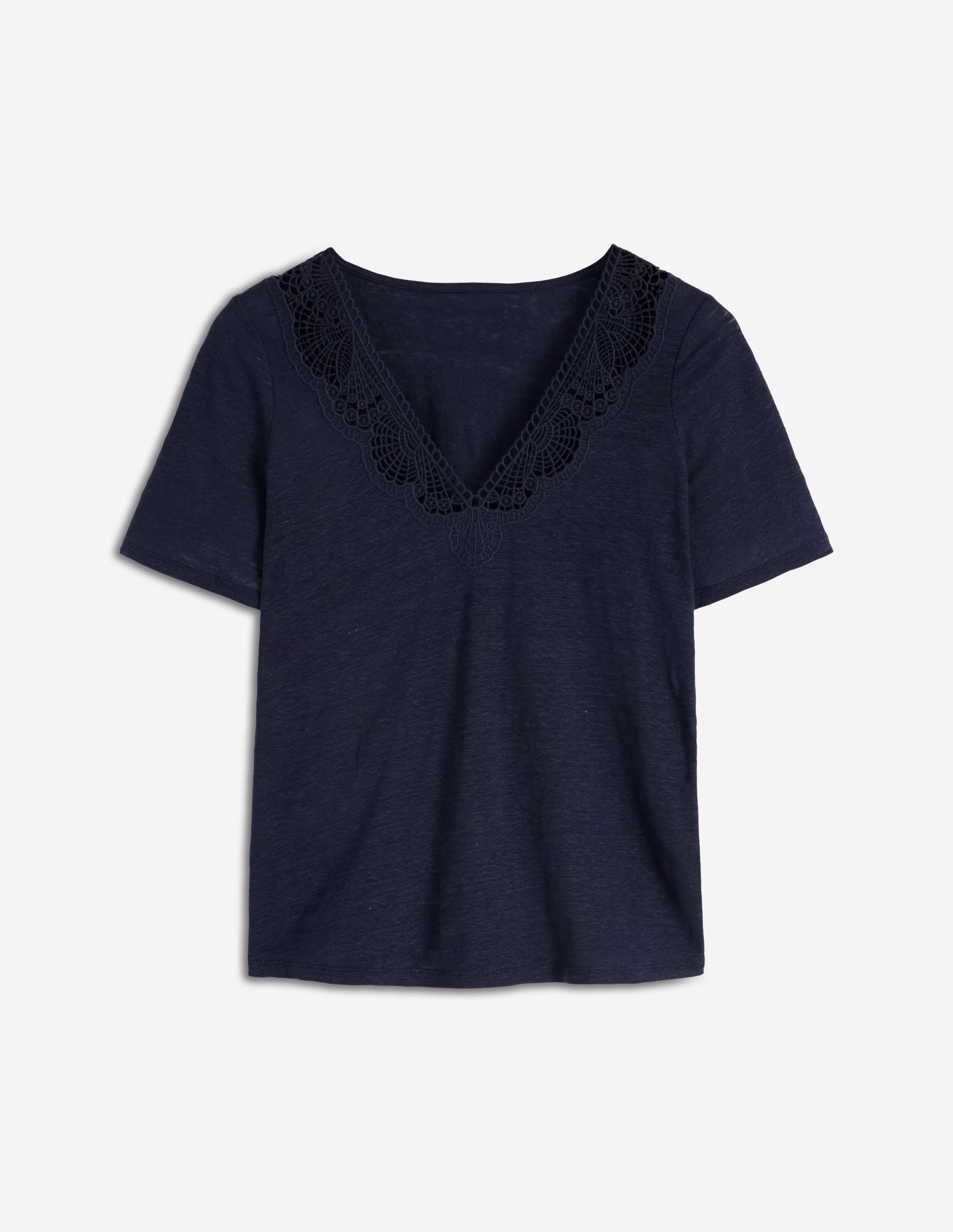 Tara Lace Trim Linen T-shirt-Navy Blazer | Boden USA