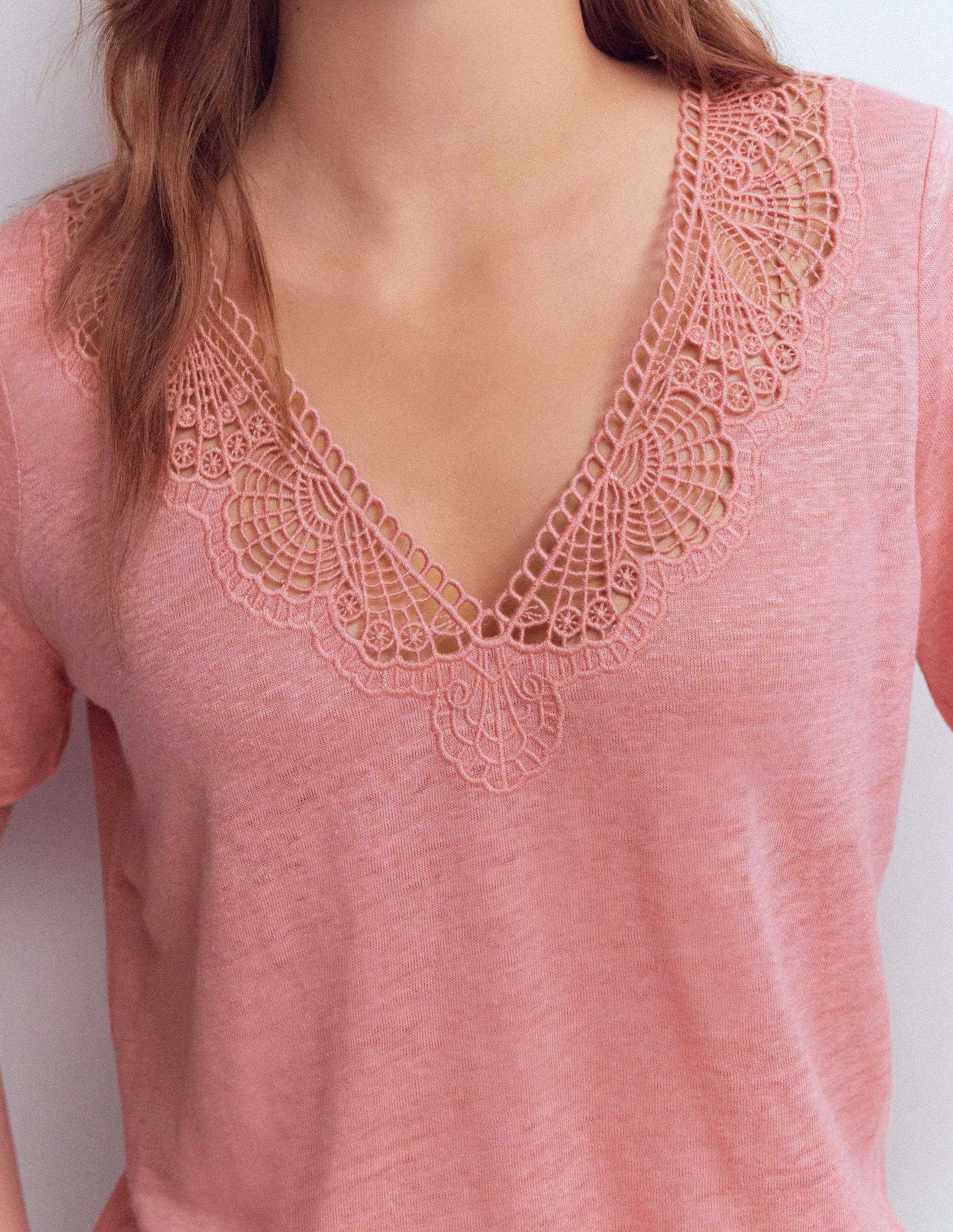 Tara Lace Trim Linen T-shirt-Almond Pink-2