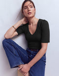 Smocked V Neck Top-Black