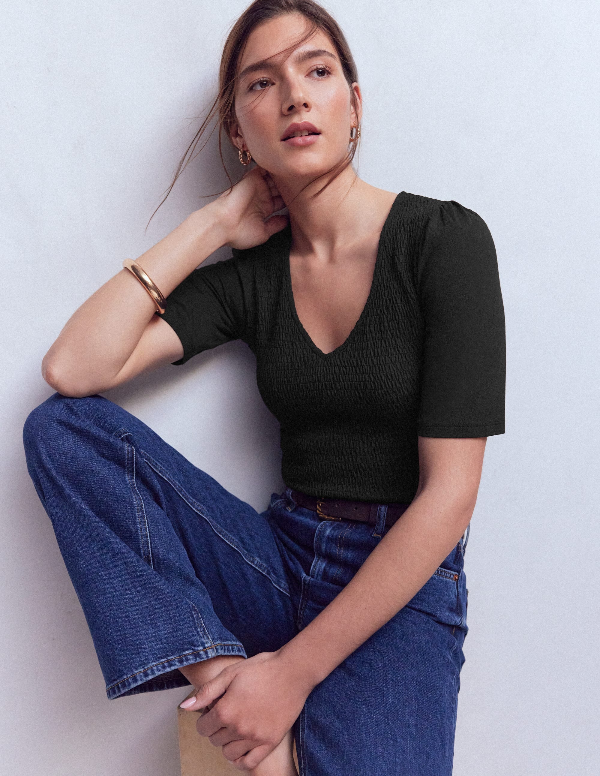 Smocked V Neck Top-Black - Image 1