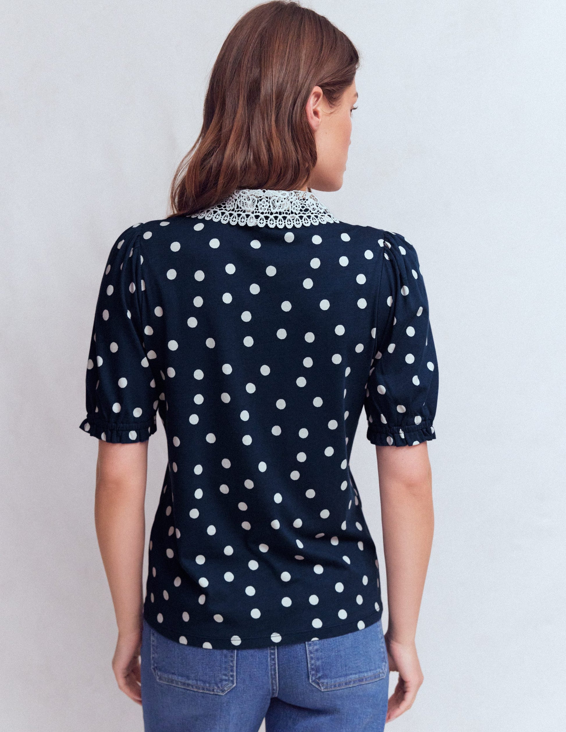 Nessa Broderie Collar Blouse-Navy & Ivory Spot Print-3