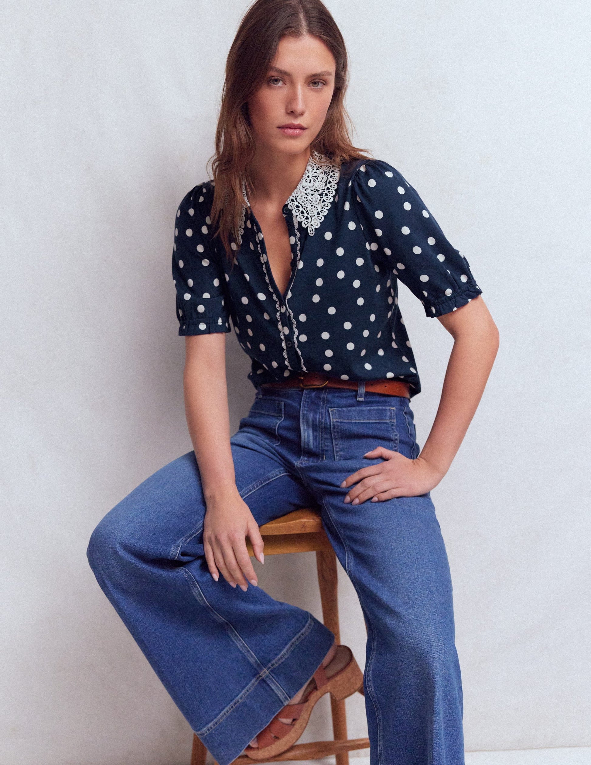 Nessa Broderie Collar Blouse-Navy & Ivory Spot Print-4