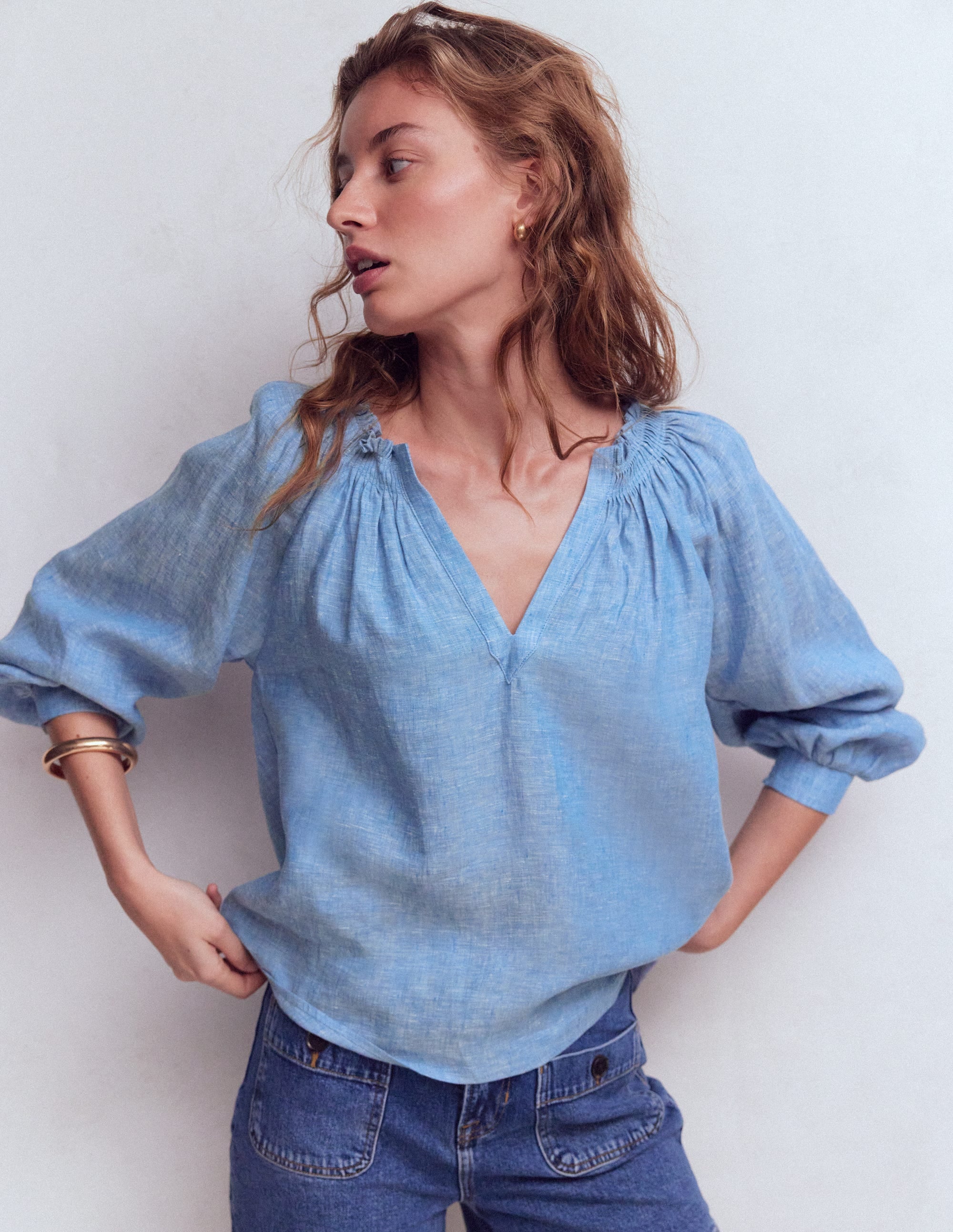 Serena Pleat Neck Linen Top - Chambray | Boden USA