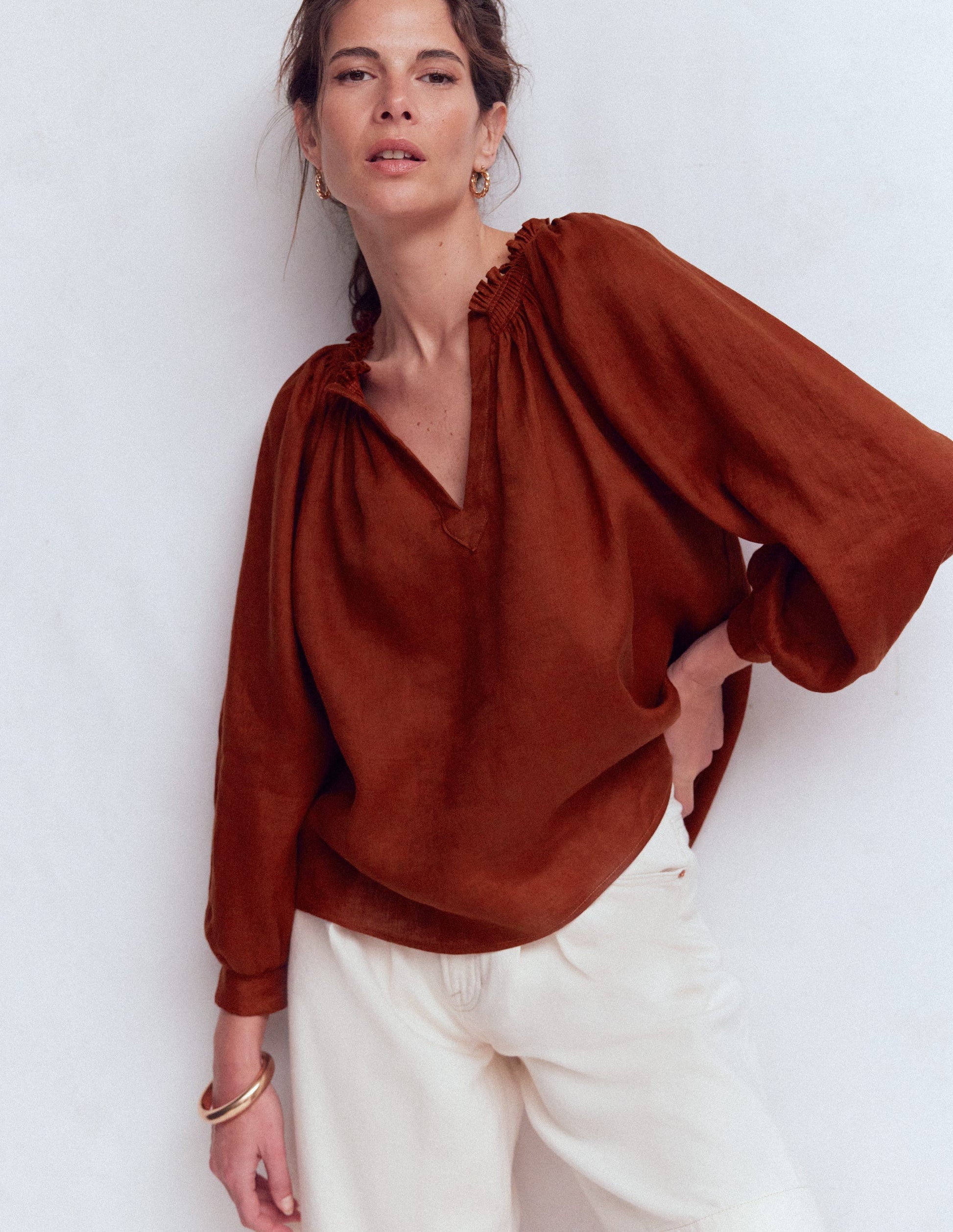 Serena Pleat Neck Linen Top-Burnt Henna-1