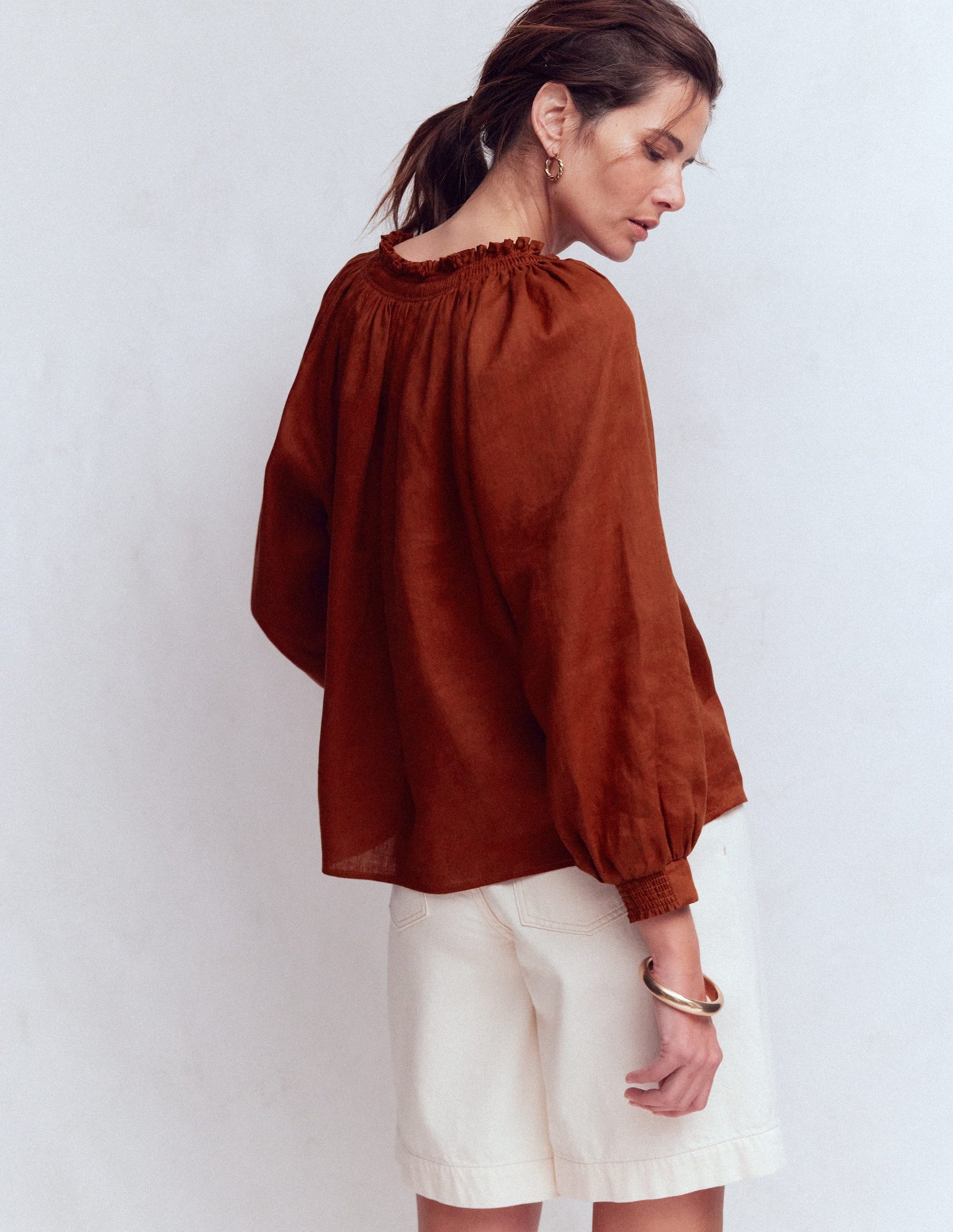 Serena Pleat Neck Linen Top-Burnt Henna-3