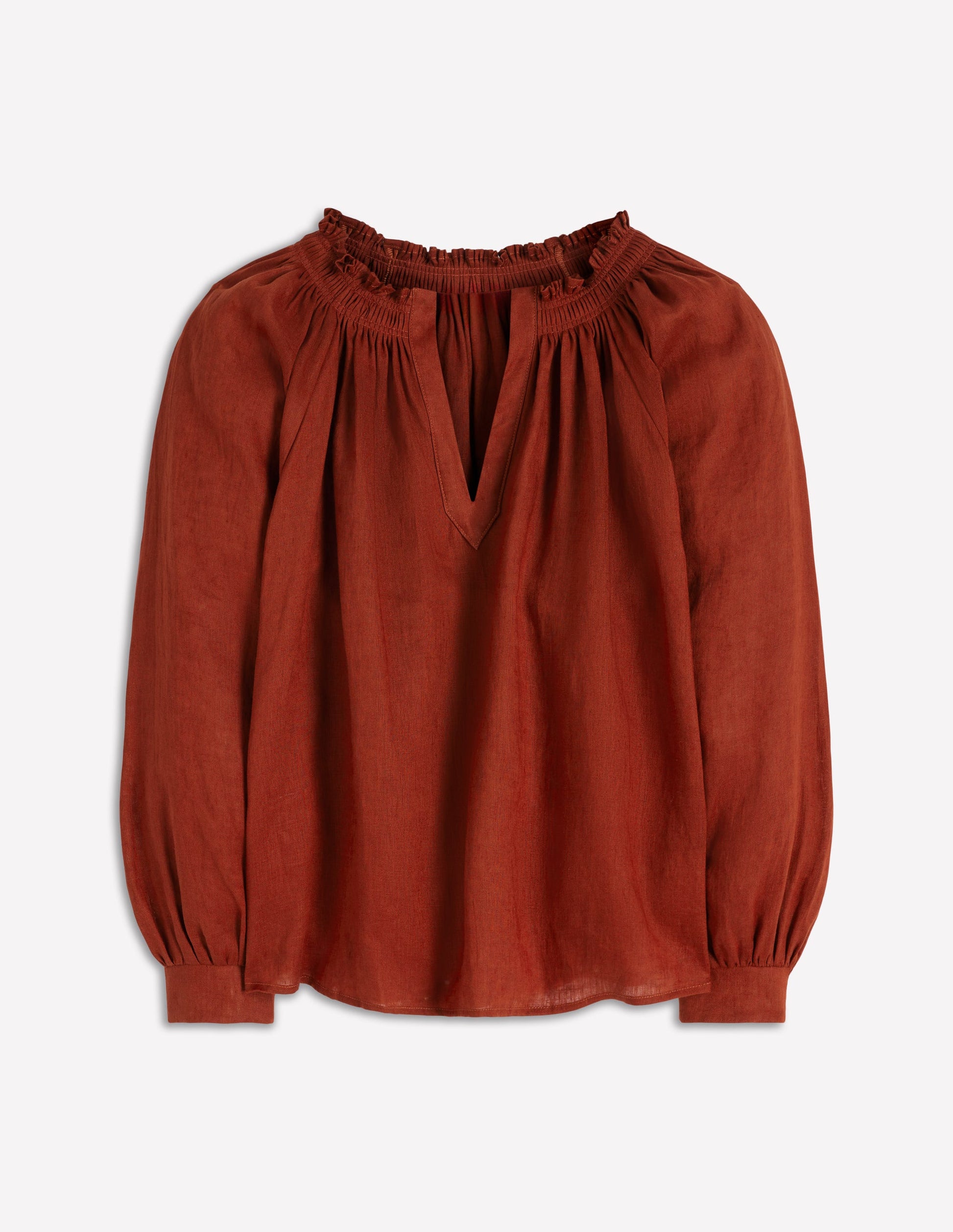 Serena Pleat Neck Linen Top-Burnt Henna-5