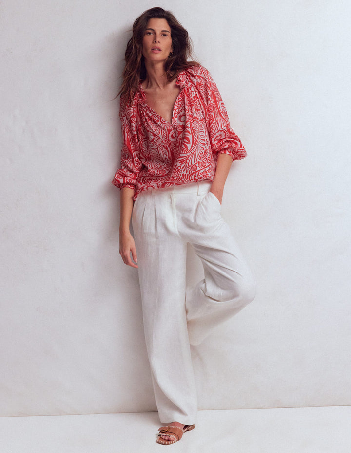 Serena Pleat Neck Linen Top-Red, Enchanted Paisley Mono