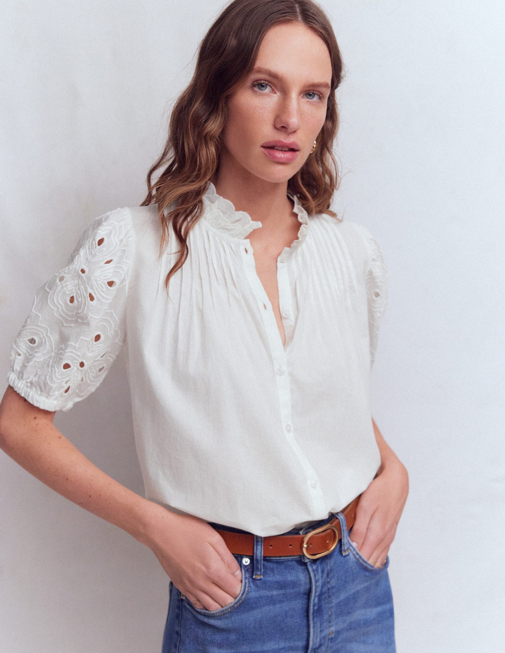 Cutwork Puff Sleeve Top-White-2