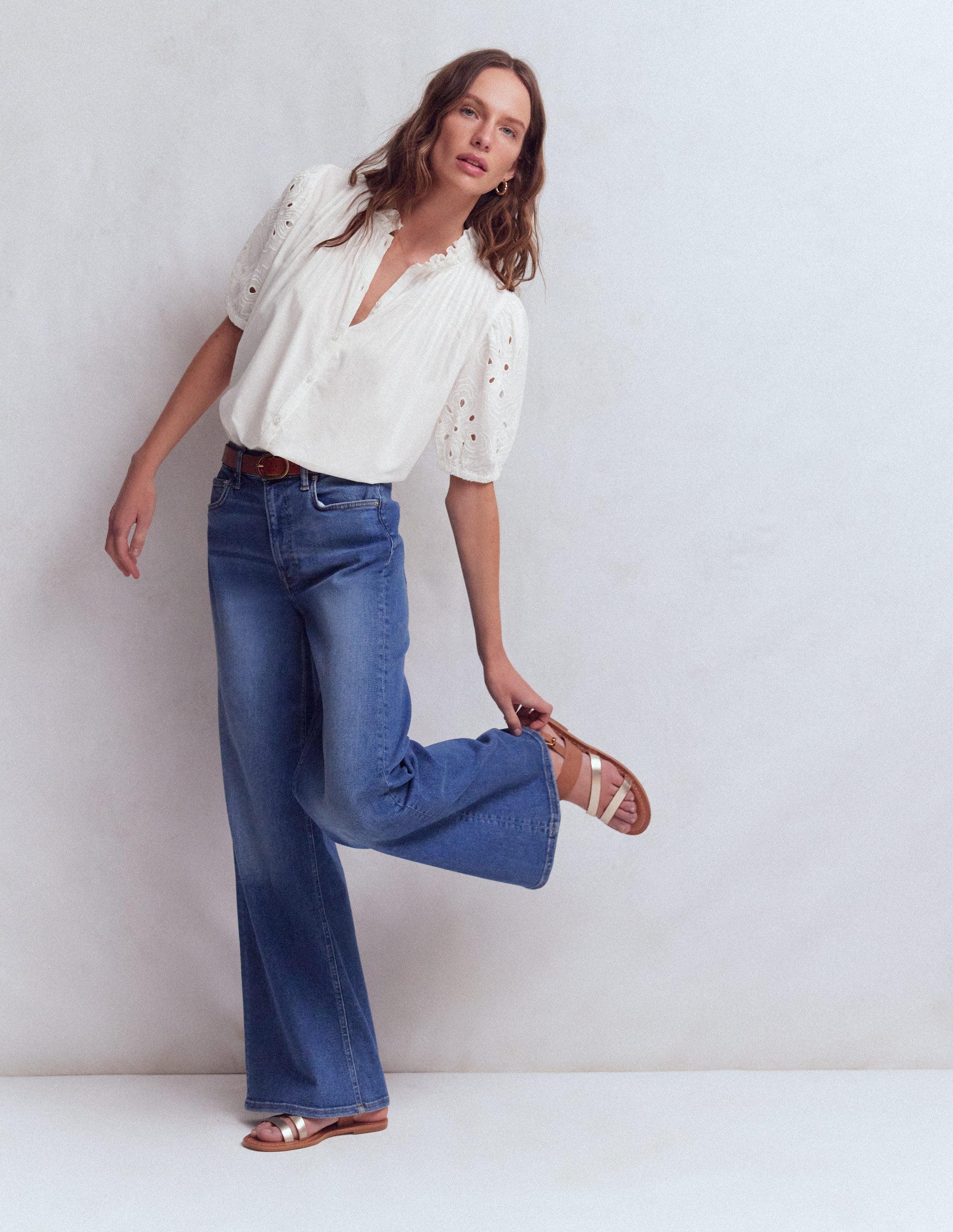 Cutwork Puff Sleeve Top-White-5