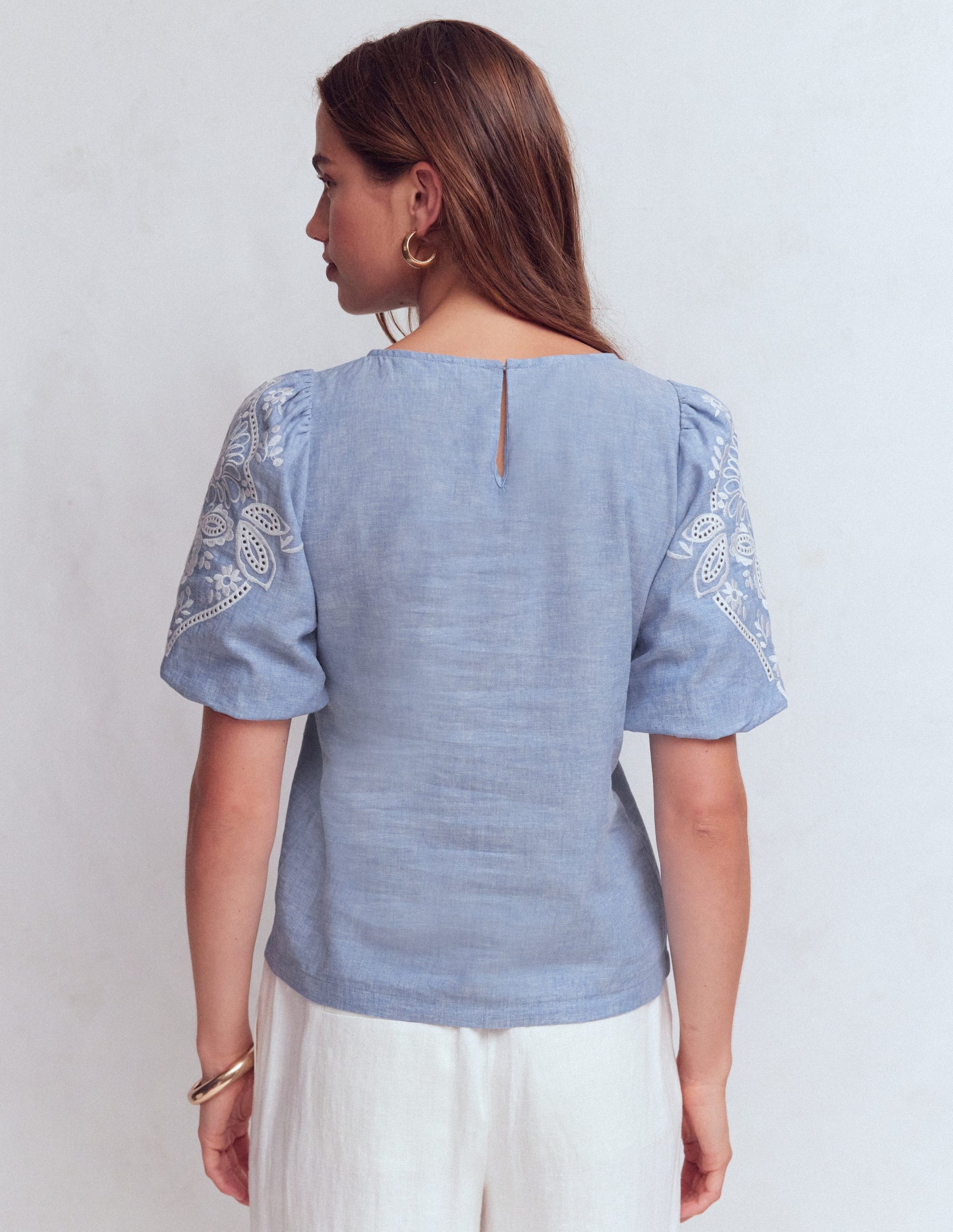 Linen Puff Sleeve Top-Chambray-3