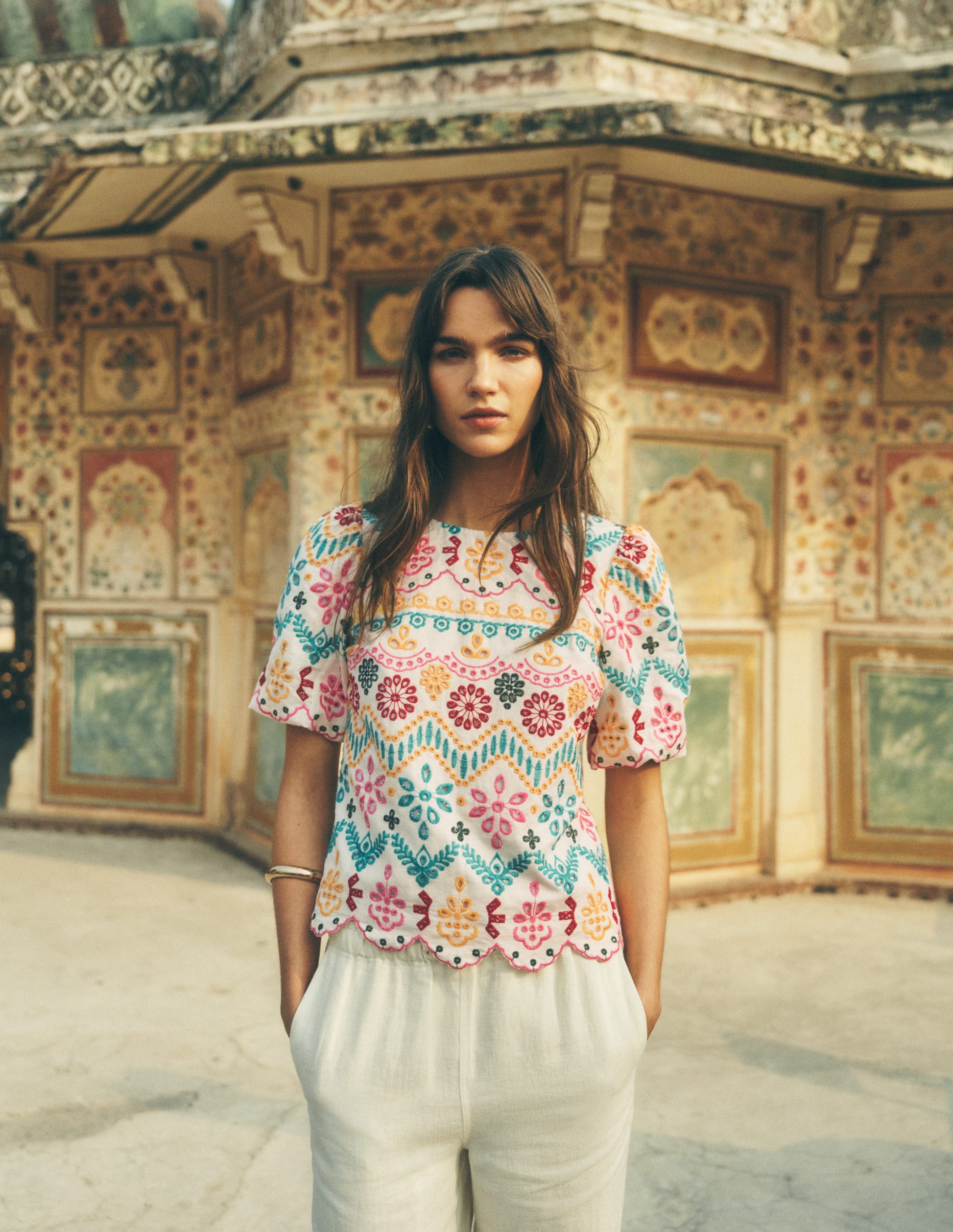 Linen Puff Sleeve Top-Multi Broderie-1