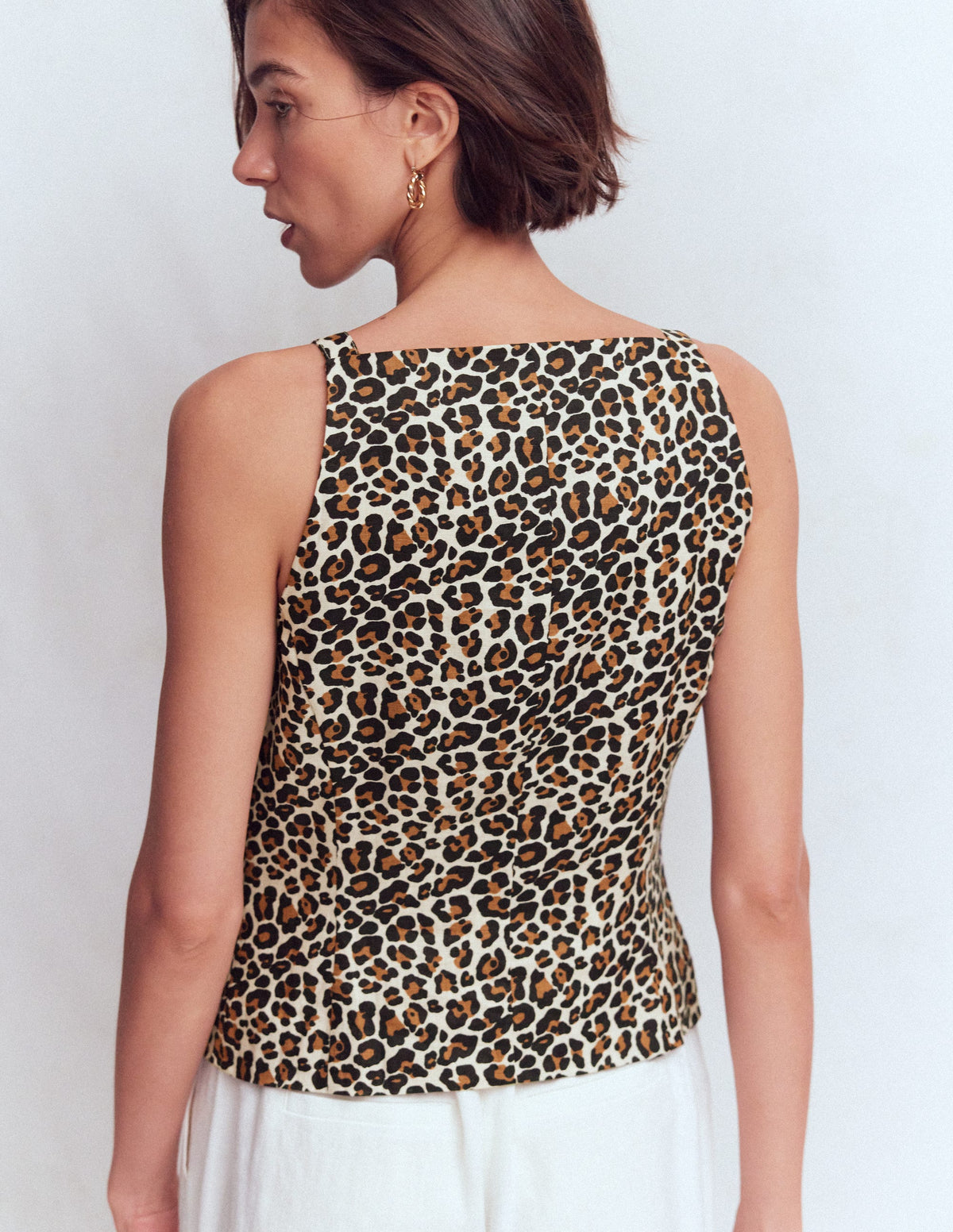 Square Neck Linen Waistcoat-Leopard Print - Image 3