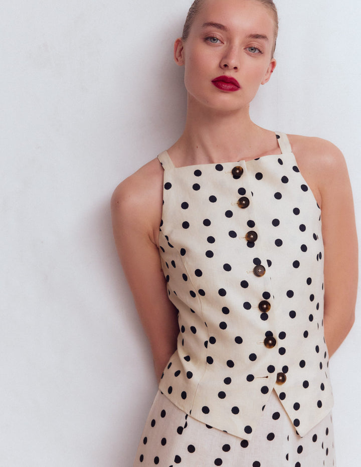 Square Neck Linen Waistcoat-Ivory, Painted Dot Spaced