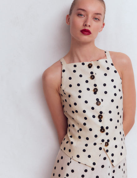 Square Neck Strap Waistcoat-Ivory, Painted Dot Spaced