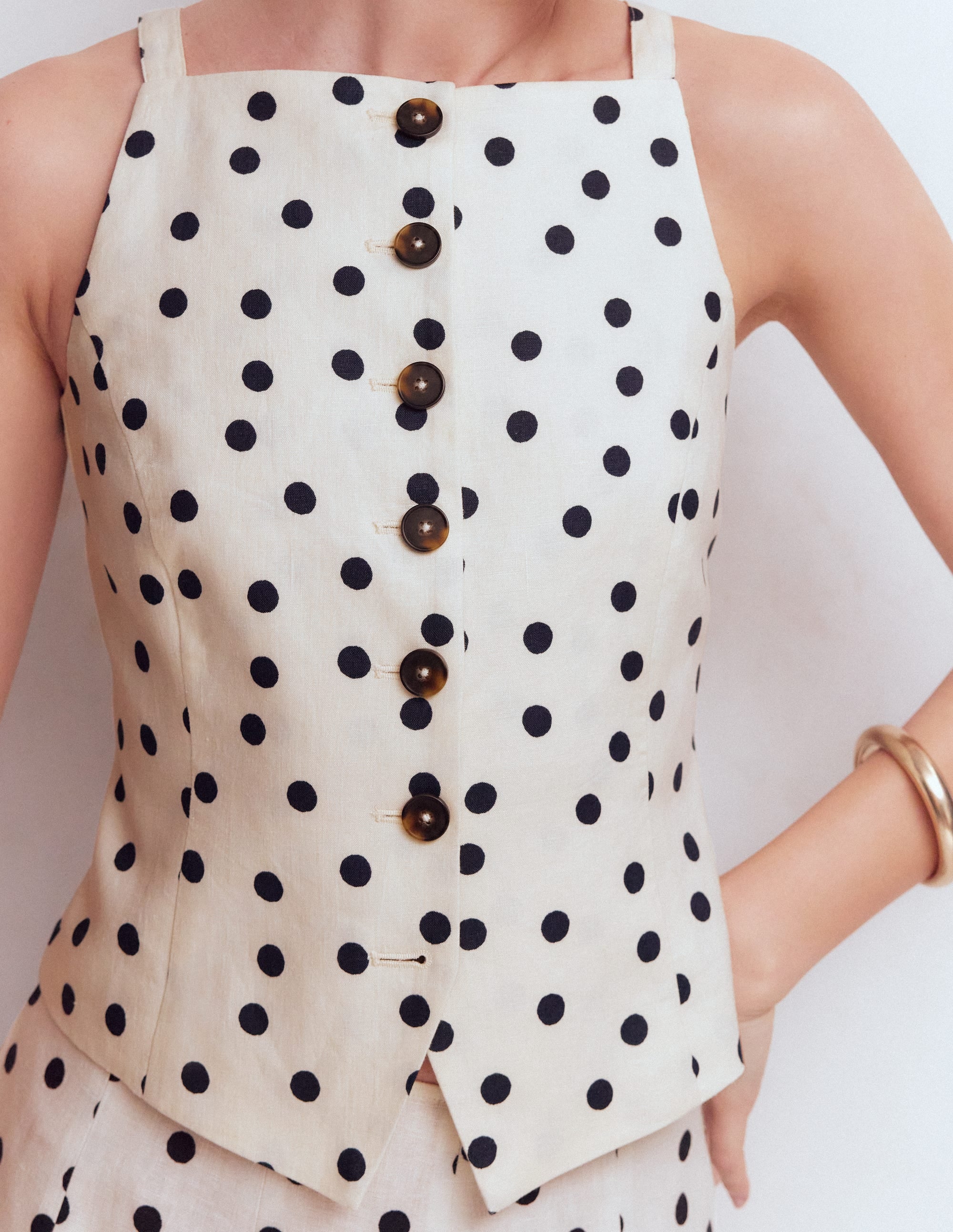 Square Neck Linen Waistcoat-Ivory, Painted Dot Spaced - Image 2