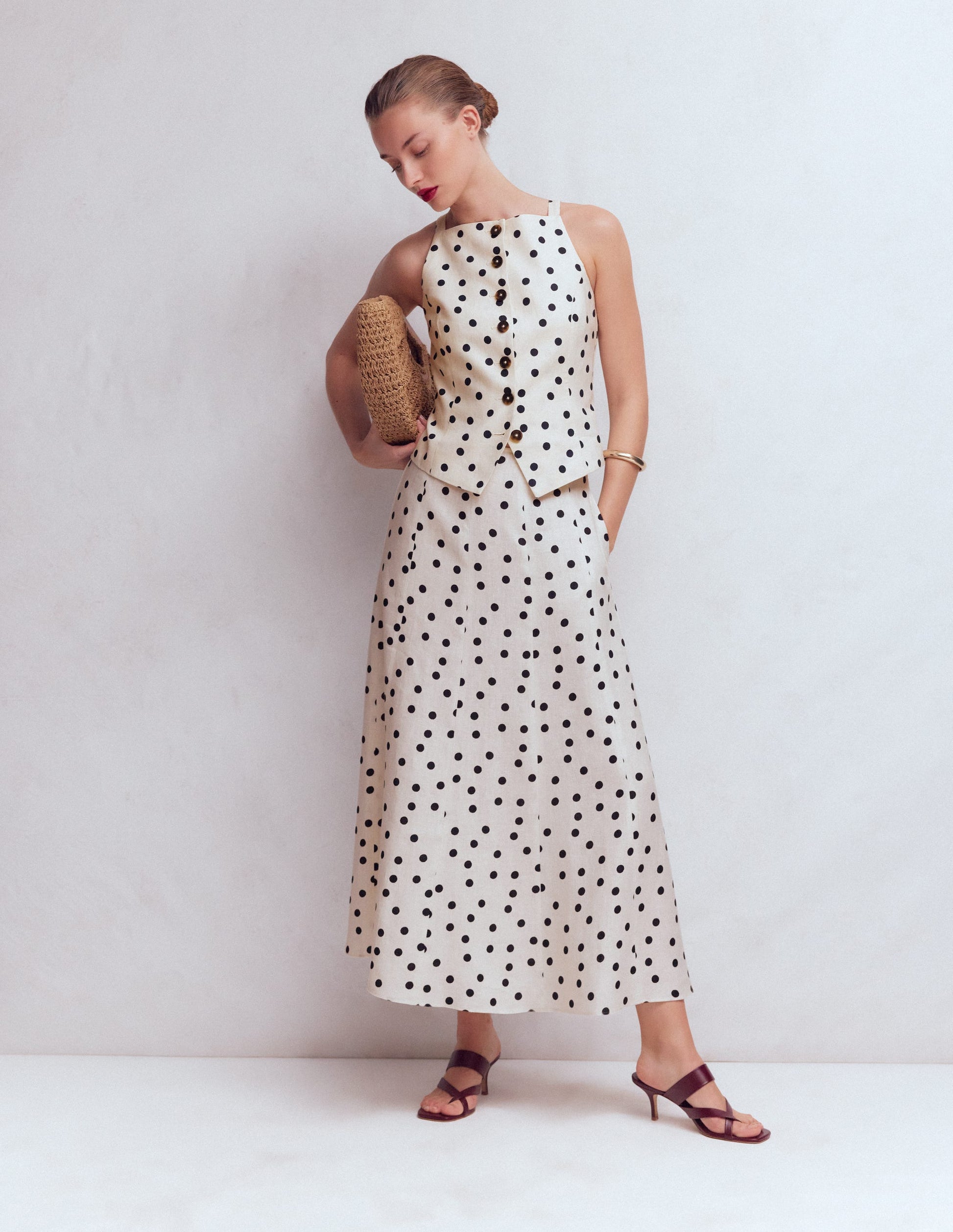 Square Neck Strap Waistcoat-Ivory, Painted Dot Spaced-6