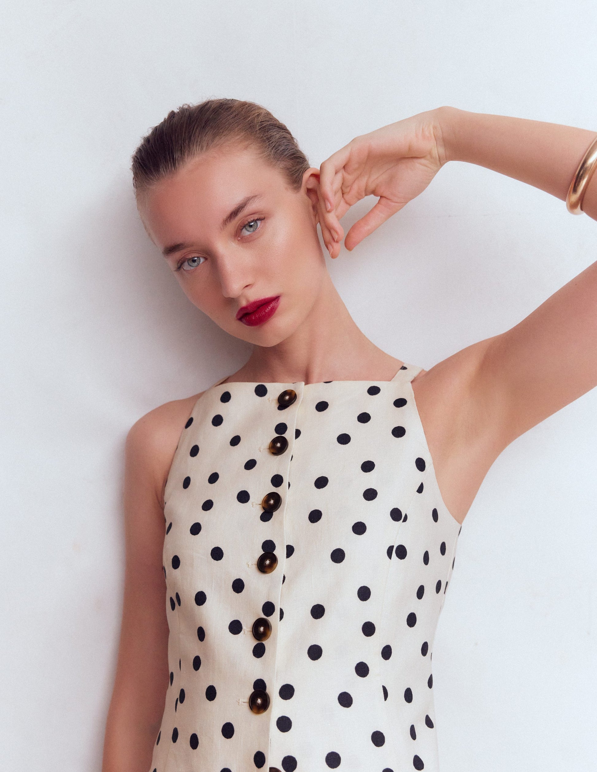 Square Neck Strap Waistcoat-Ivory, Painted Dot Spaced-7