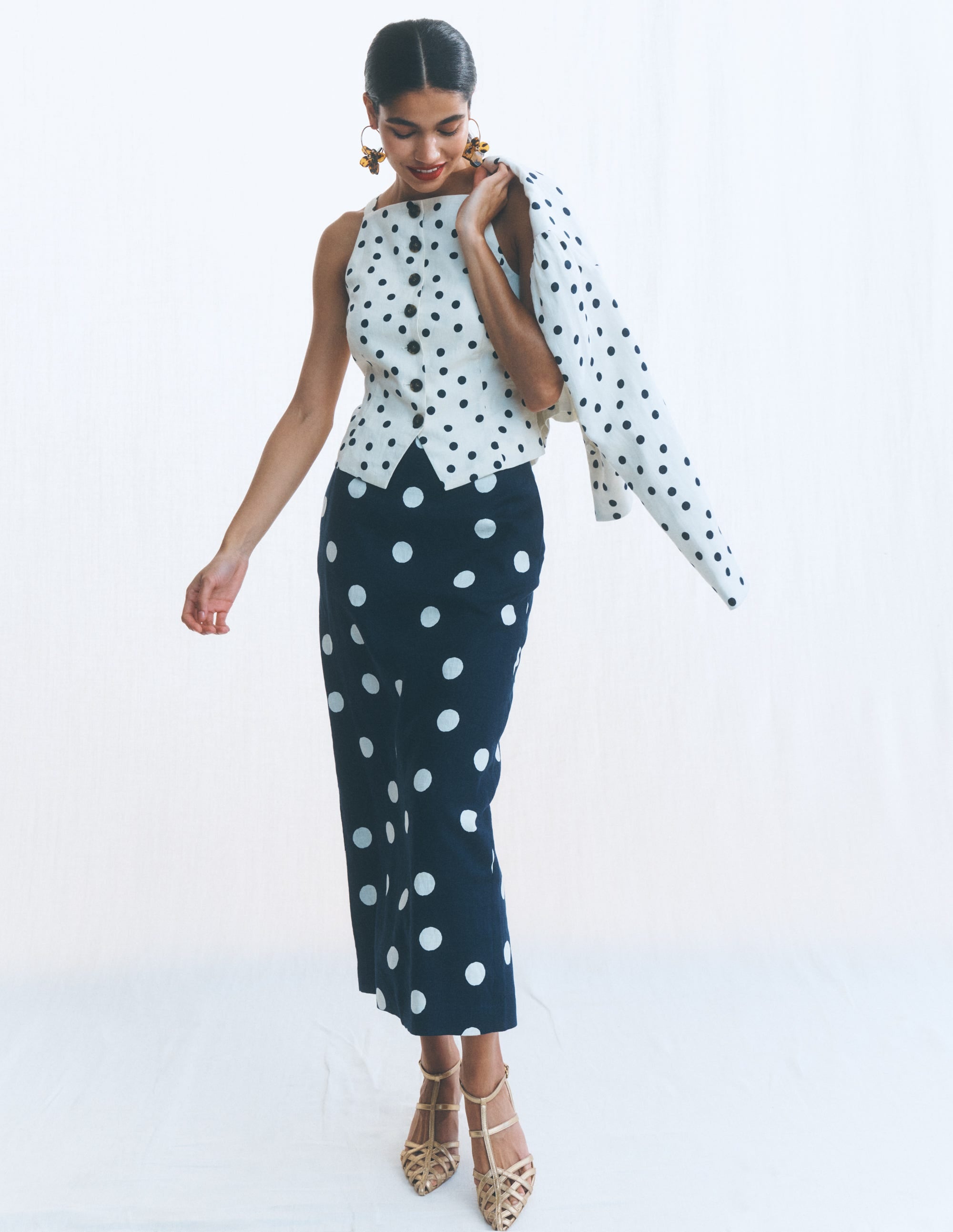 Square Neck Linen Waistcoat-Ivory, Painted Dot Spaced - Image 7