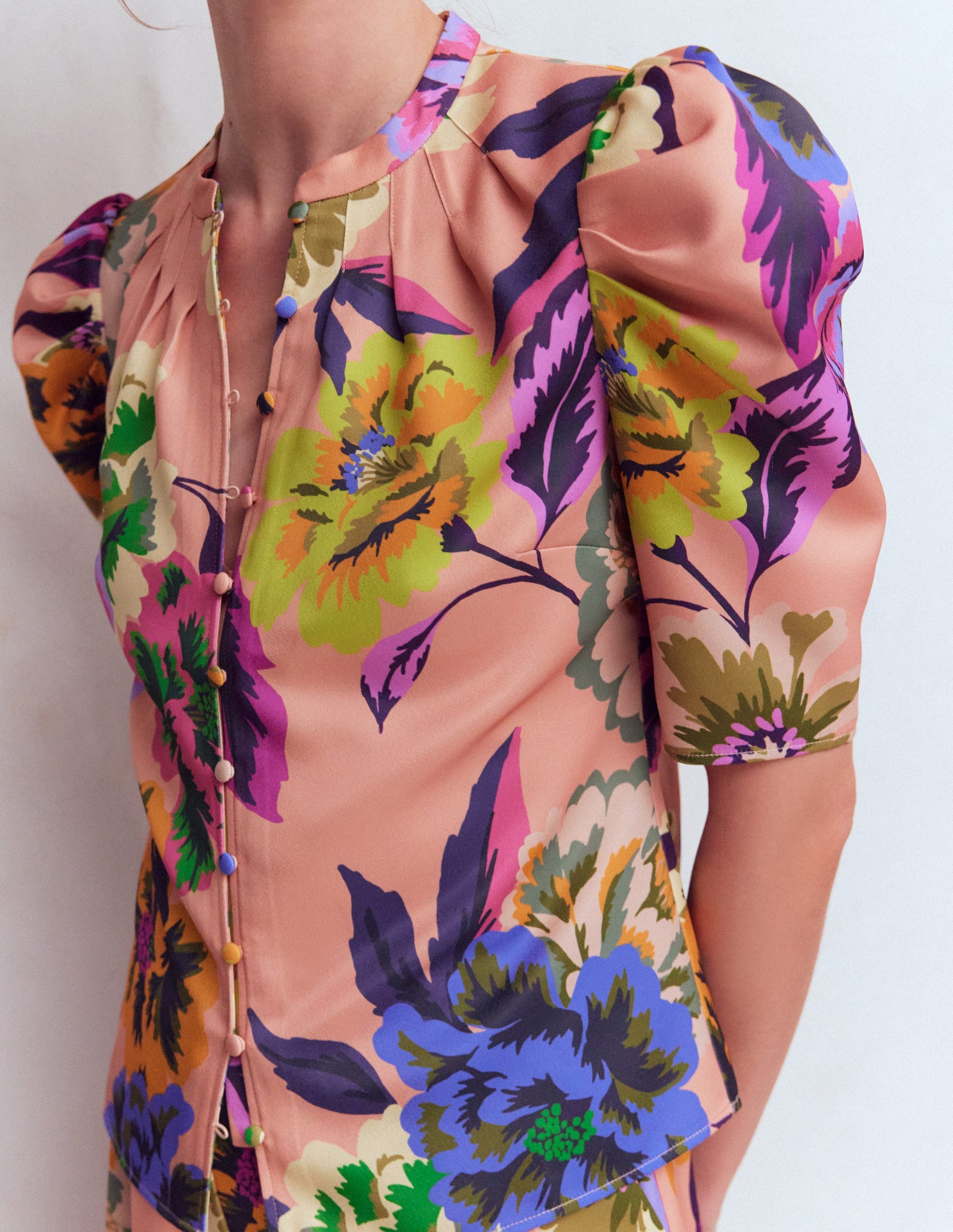 Pleated Mutton Sleeve Top-Multi, Opulent Blossom-2