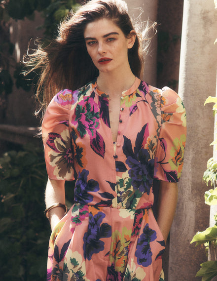 Pleated Mutton Sleeve Top-Multi, Opulent Blossom