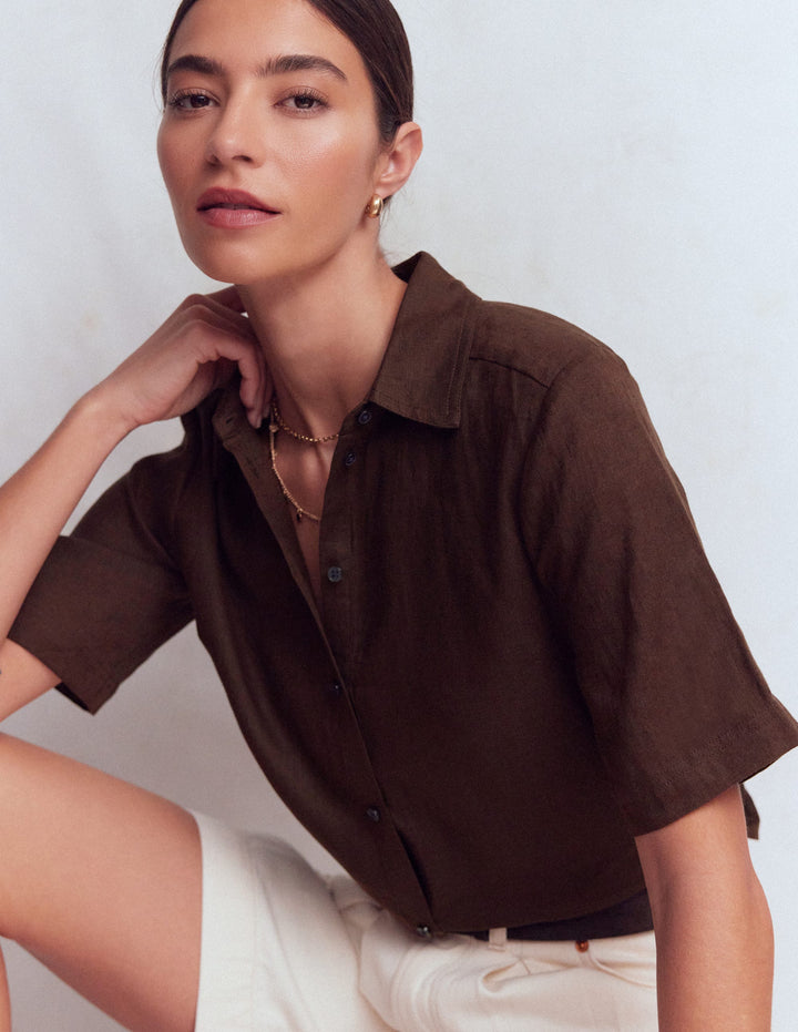 Short Sleeve Linen Shirt-Bitter Chocolate