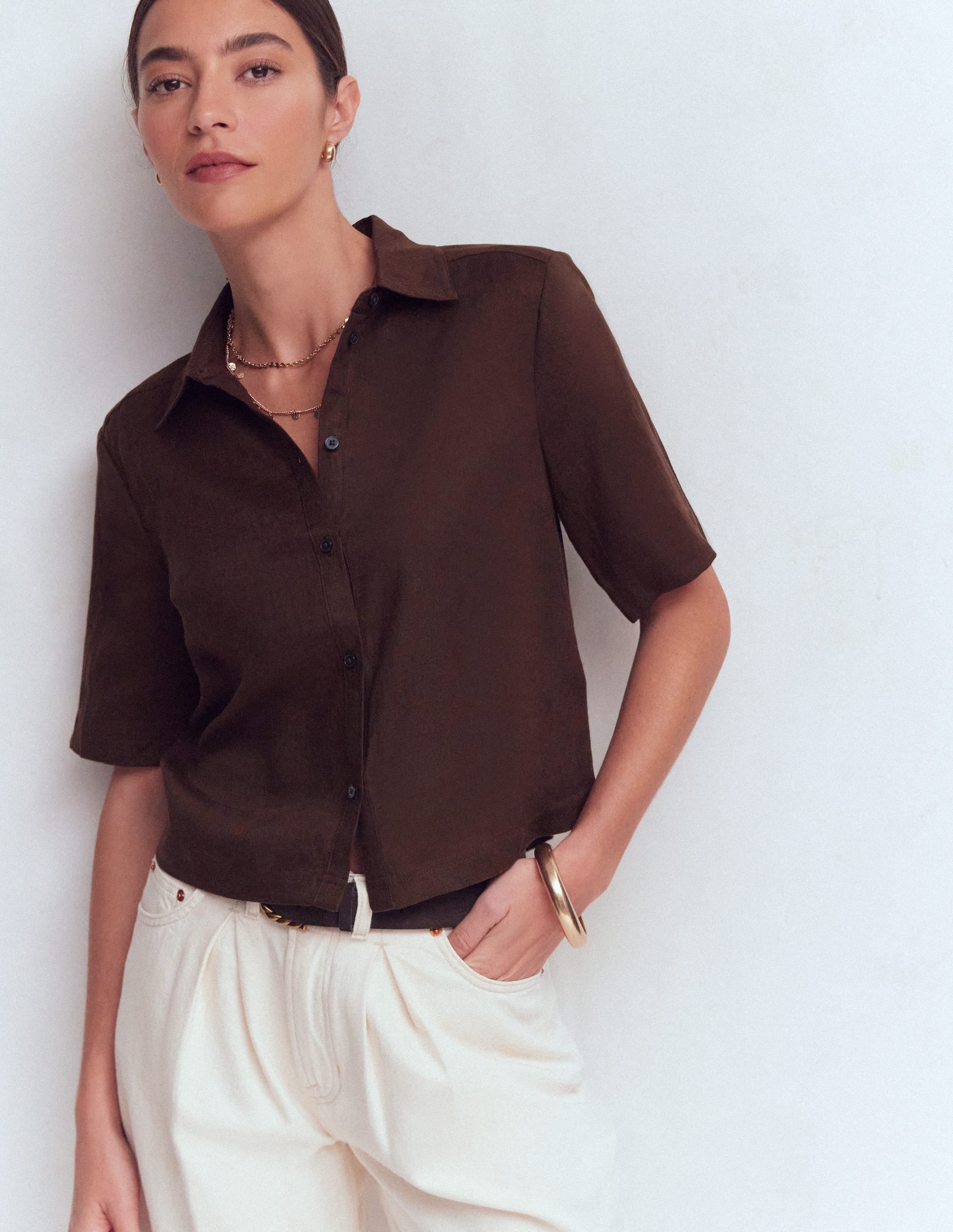 Choco◆YONFA / boxy slit shirt(linen) REGULAR FIT COTTON VOILE SHIRT - Dark brown | ZARA United States