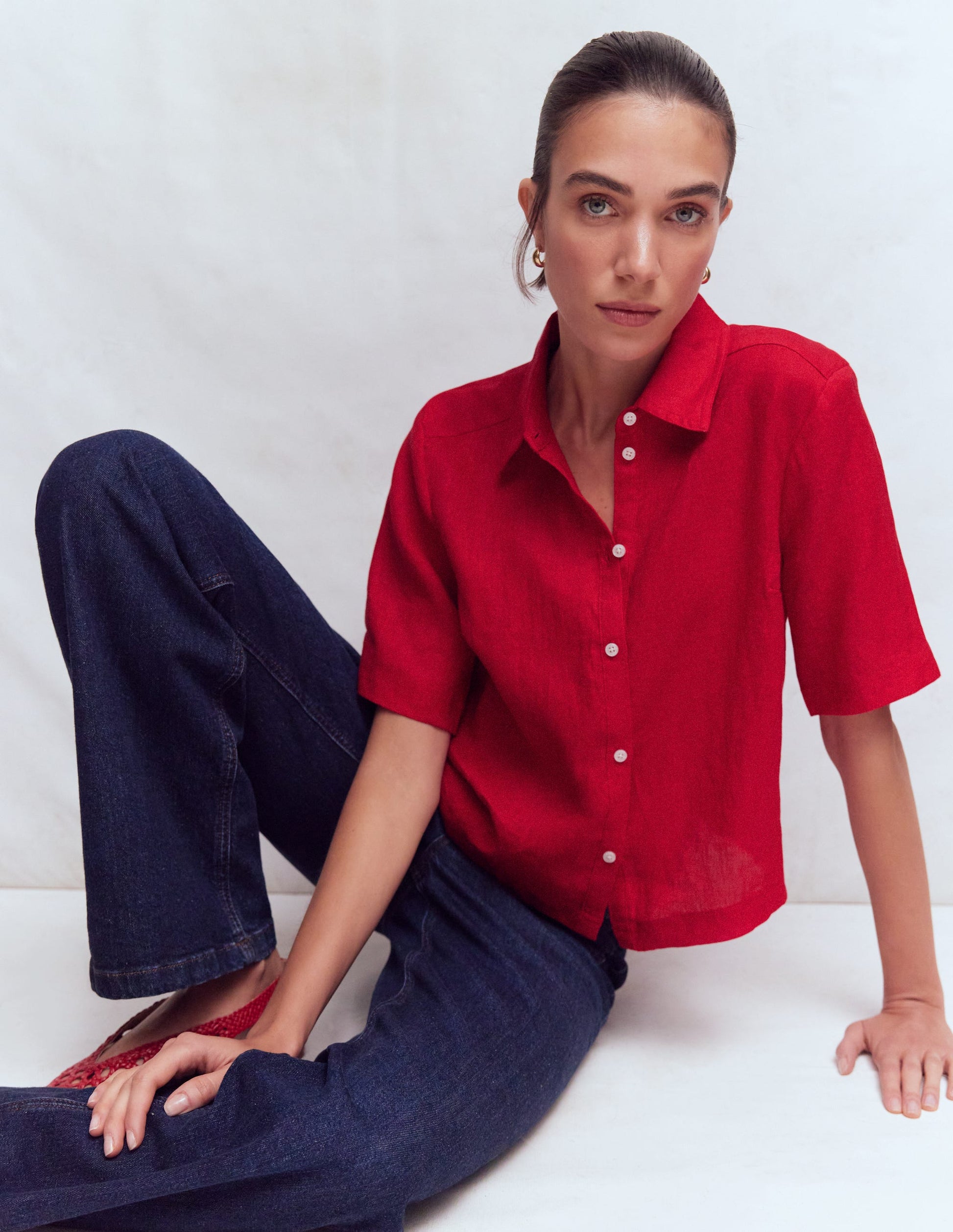 Short Sleeve Linen Shirt-Bold Red-1