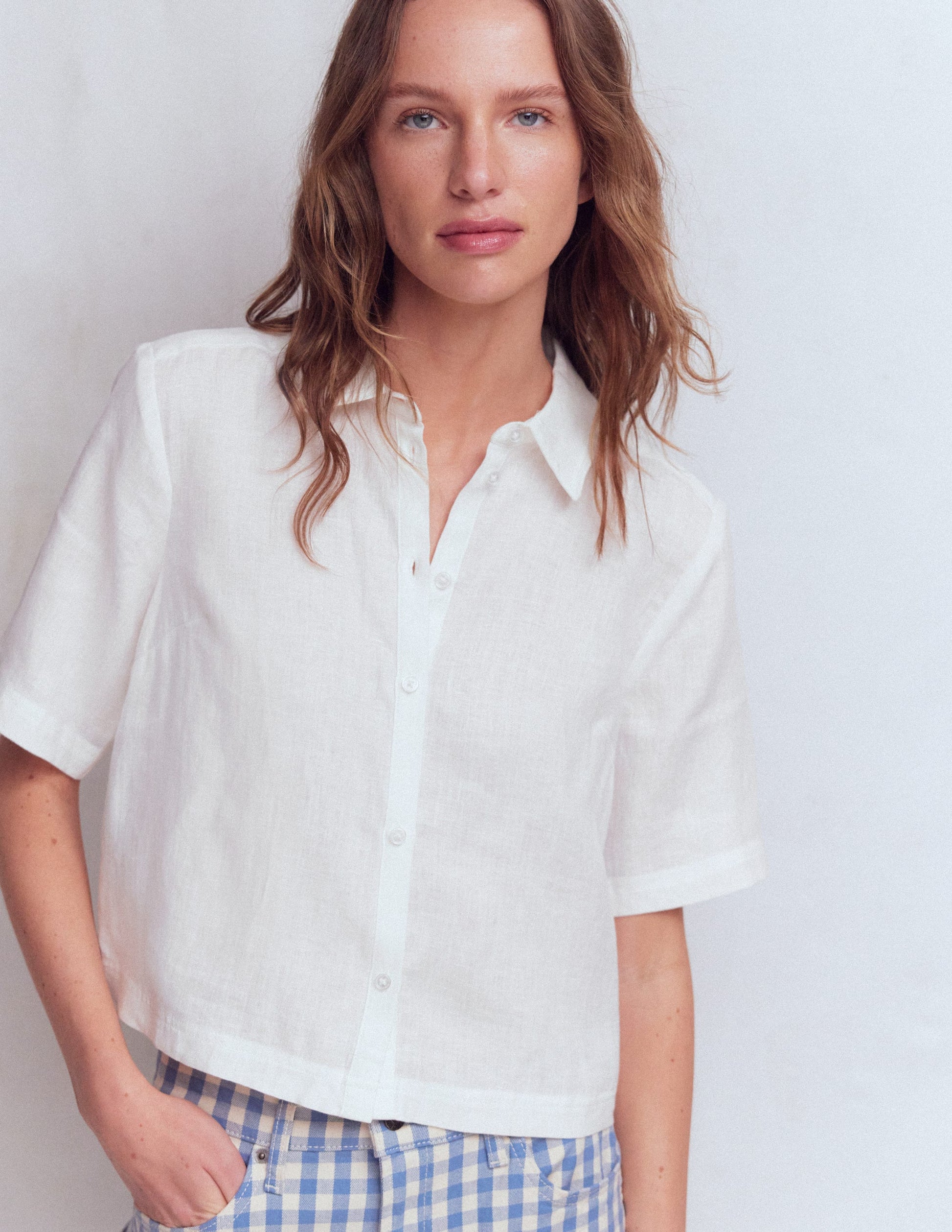 Short Sleeve Linen Shirt-White-1