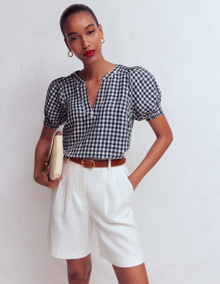 Rae Linen Top-Navy Gingham